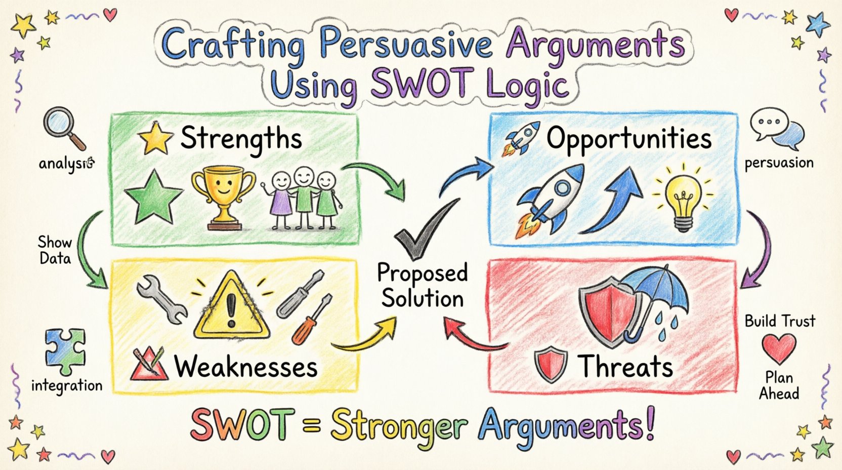Child-style hand-drawn infographic summarizing how to craft persuasive arguments using SWOT logic: four colorful quadrants showing Strengths (internal assets), Weaknesses (gaps with solutions), Opportunities (external potential), and Threats (risk mitigation), with playful icons, arrows illustrating argument flow from current state to proposed solution, and key takeaways like honesty, data-driven reasoning, and stakeholder trust for business strategy presentations