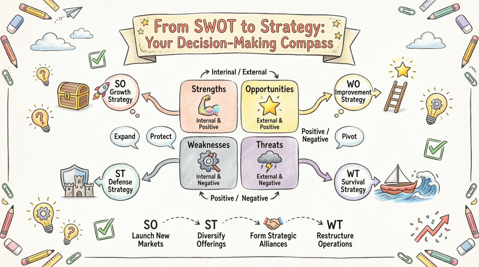 Whimsical infographic illustrating how SWOT analysis elements connect to strategic decision-making: a playful 2x2 matrix showing Strengths, Weaknesses, Opportunities, and Threats with internal/external and positive/negative axes; four strategic pathways (SO Growth with rocket, ST Defense with shield, WO Improvement with ladder, WT Survival with life raft) mapping to actionable decisions like expand, protect, partner, and pivot; includes TOWS Matrix flowchart and key implementation tips for turning analysis into execution