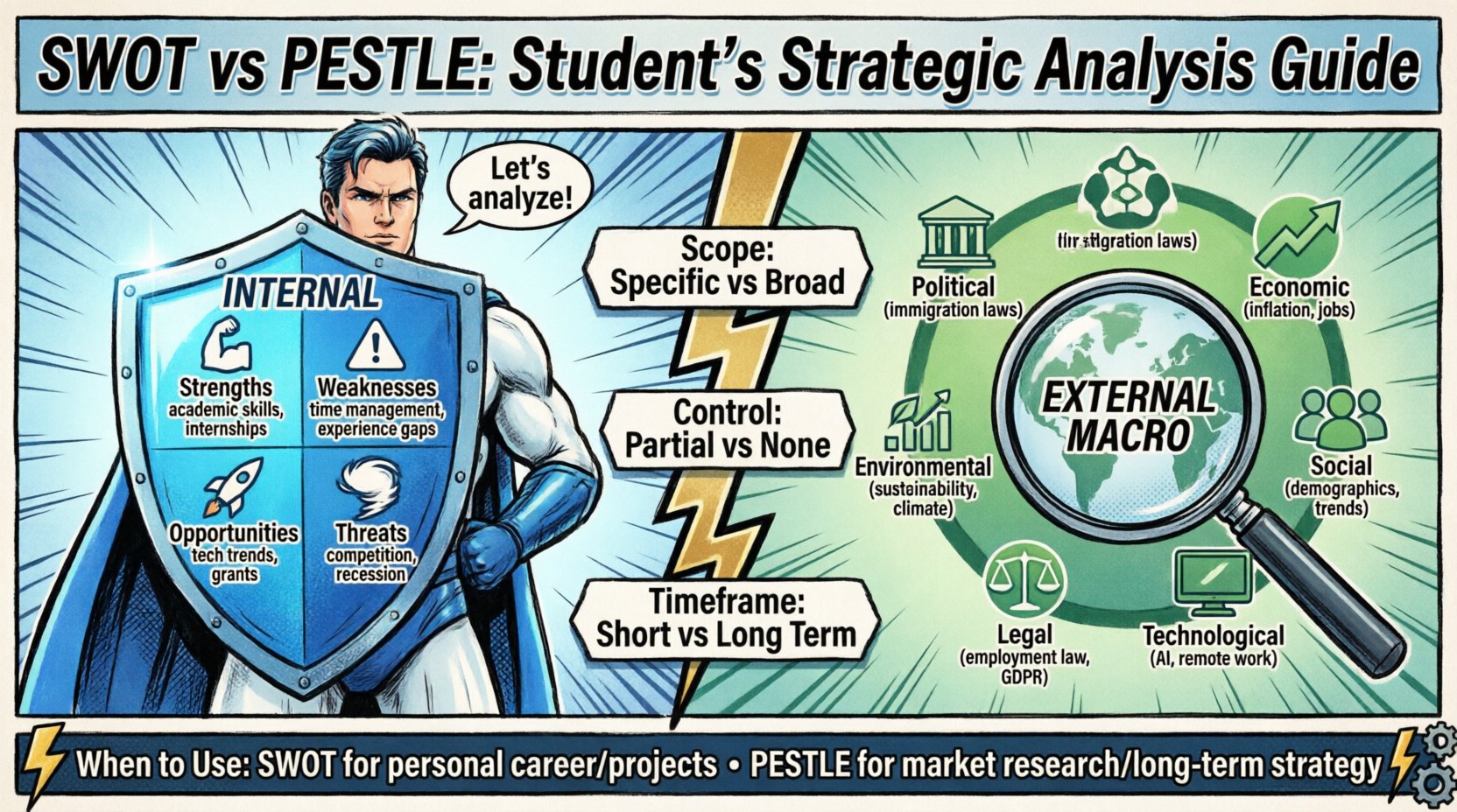 Comic book style infographic comparing SWOT vs PESTLE analysis frameworks for students, featuring internal factors (Strengths, Weaknesses) and external macro-environmental factors (Political, Economic, Social, Technological, Legal, Environmental) with visual icons, key differences table, and usage guidance for academic projects and career planning
