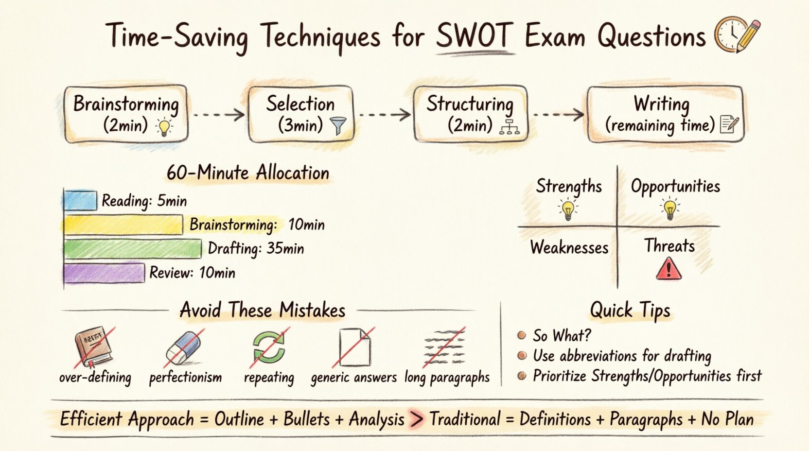 Hand-drawn infographic summarizing time-saving techniques for SWOT exam questions: 4-step framework (brainstorm 2min, select 3min, structure 2min, write remaining time), 60-minute exam time allocation chart, SWOT quadrant guide distinguishing internal vs external factors, common mistakes to avoid with icons, and quick tips like the 'So What?' test and abbreviation strategies for efficient strategic analysis under pressure