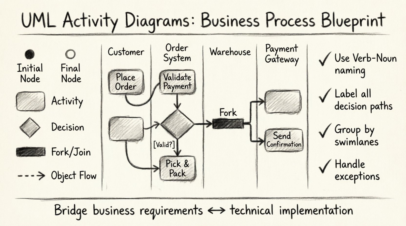 Charcoal contour sketch infographic illustrating UML Activity Diagrams for business process design, featuring core symbols (initial/final nodes, activity rectangles, decision diamonds, fork/join bars), a swimlane-organized order fulfillment workflow with Customer/Order System/Warehouse/Payment Gateway lanes, decision logic with guard conditions like [Valid?], concurrent process flows, and best practices checklist for creating clear, maintainable business process models