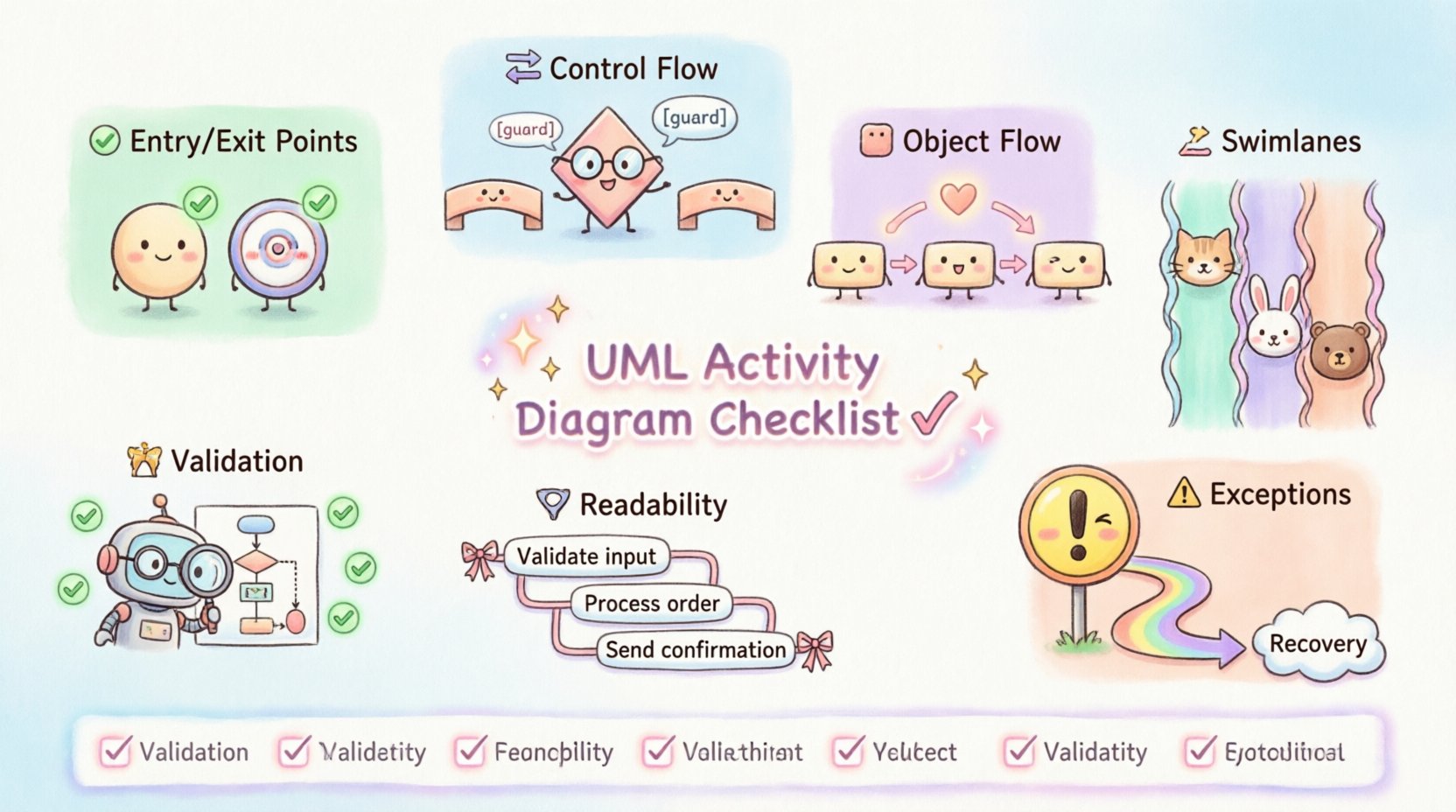 Kawaii-style infographic illustrating a 7-point UML activity diagram checklist: entry/exit nodes, control flow logic, object data flow, swimlane partitions, exception handling, readability standards, and validation steps, with cute characters and pastel colors for intuitive learning.