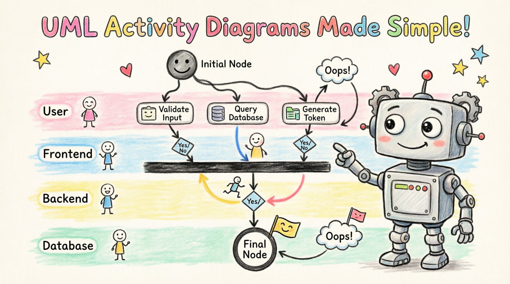 Child's drawing style infographic explaining UML Activity Diagrams with hand-drawn crayon illustrations showing initial node, activity boxes, decision diamonds, fork/join bars, swimlanes, and exception handling paths in a playful educational layout for simplifying complex software logic