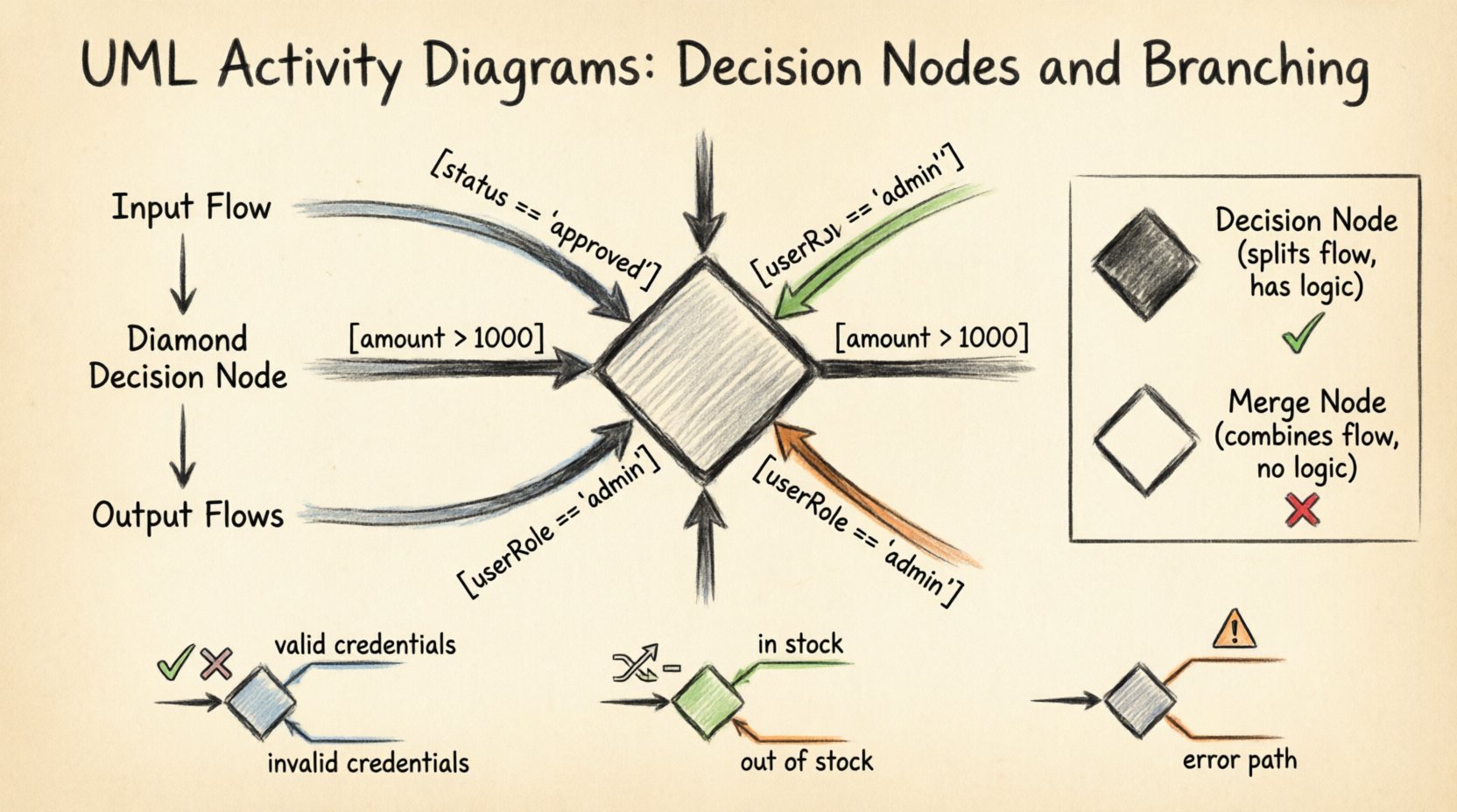 Hand-drawn infographic illustrating UML activity diagram decision nodes and branching logic, featuring diamond-shaped decision symbols with guard conditions in square brackets, exclusive flow paths, comparison of decision vs merge nodes, and practical examples including authentication flow, order processing, and exception handling with thick outline stroke aesthetic