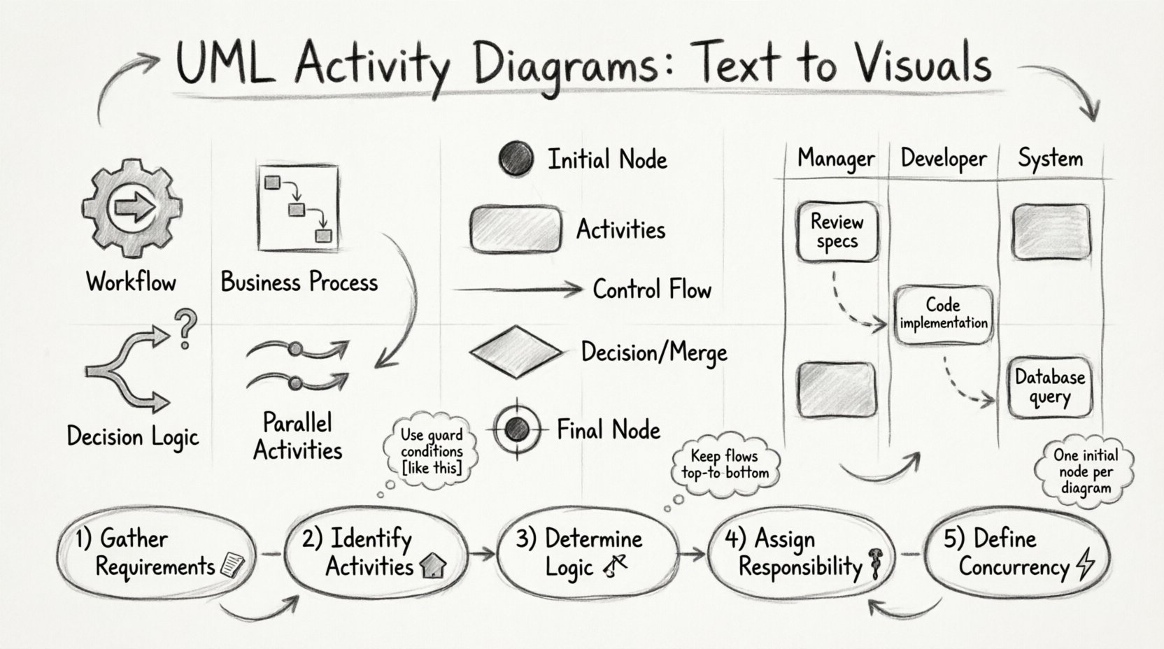 Hand-drawn sketch infographic illustrating UML Activity Diagram fundamentals: core purpose icons for workflow modeling, standardized notation symbols including initial node, activity states, control flow arrows, decision diamonds, and final nodes, swimlane partitions for role-based responsibilities, and a 5-step workflow process from gathering requirements to defining concurrency, designed as an educational visual guide for software engineers and business analysts to translate text requirements into clear visual process models