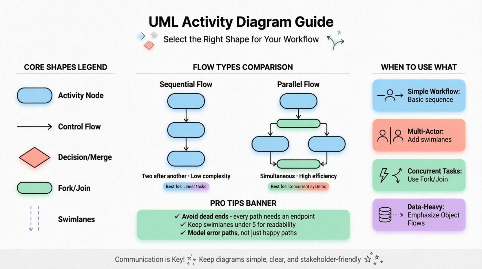 UML Activity Diagram infographic guide showing core shapes including activity nodes, control flows, decision diamonds, fork/join bars, and swimlanes; compares sequential versus parallel flow structures; provides scenario-based selection criteria for students and developers; designed with clean flat style, black outlines, and pastel accent colors on white background