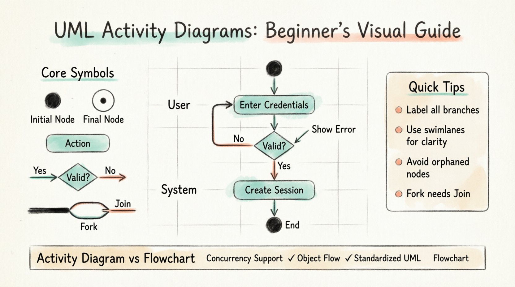 Hand-drawn educational infographic explaining UML Activity Diagrams for beginner developers, featuring core symbols (initial/final nodes, action boxes, decision diamonds, fork/join bars), a user login flow example with swimlanes, control vs object flow arrows, and best practices tips for creating clear workflow diagrams in software design