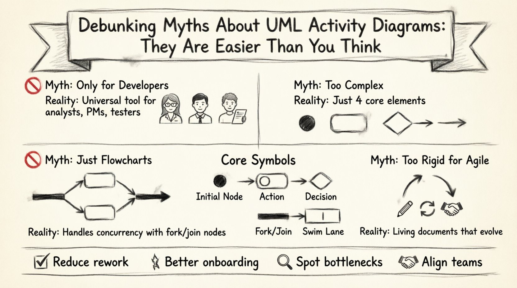 Charcoal sketch infographic debunking four common myths about UML activity diagrams: not just for developers, simple core elements, handles concurrency beyond flowcharts, and agile-friendly living documents; includes visual legend of UML symbols like action nodes, decision diamonds, fork/join bars, and swim lanes; highlights benefits like reduced rework, better team alignment, and clearer workflow documentation