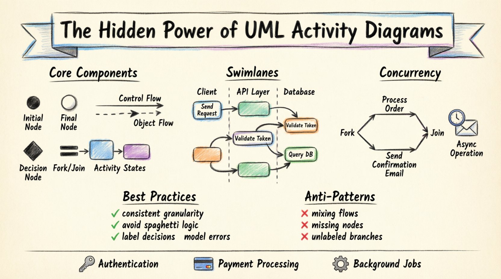 Hand-drawn marker illustration infographic explaining UML Activity Diagrams for system design documentation: displays core symbols including initial/final nodes, decision diamonds, fork-join bars for concurrency, and swimlanes organizing activities by component; visualizes control flow versus object flow with solid and dashed arrows; highlights best practices like labeling decisions and modeling error paths alongside anti-patterns to avoid; features practical application icons for authentication, payment processing, and background job workflows; designed with colorful marker strokes on textured paper background for intuitive technical communication