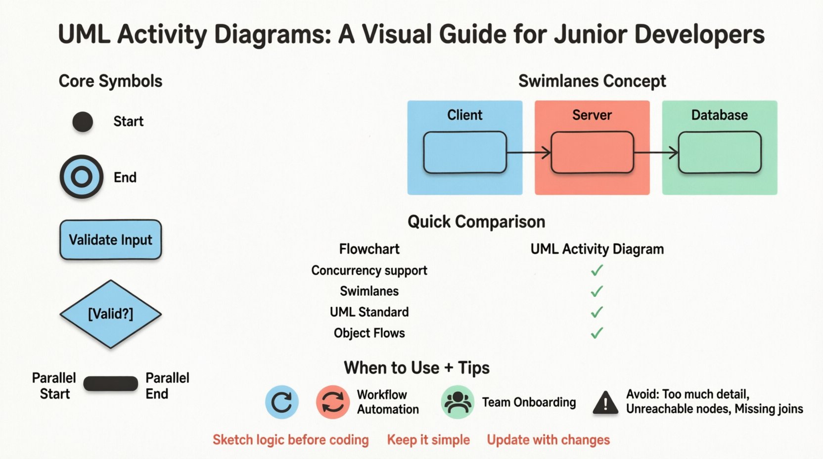 UML Activity Diagrams infographic for junior developers featuring core symbols (initial node, final node, action, decision, fork/join), swimlane examples with Client-Server-Database flow, comparison chart vs flowcharts, use cases for complex logic and workflow automation, and best practice tips in clean flat design with pastel accents and rounded shapes