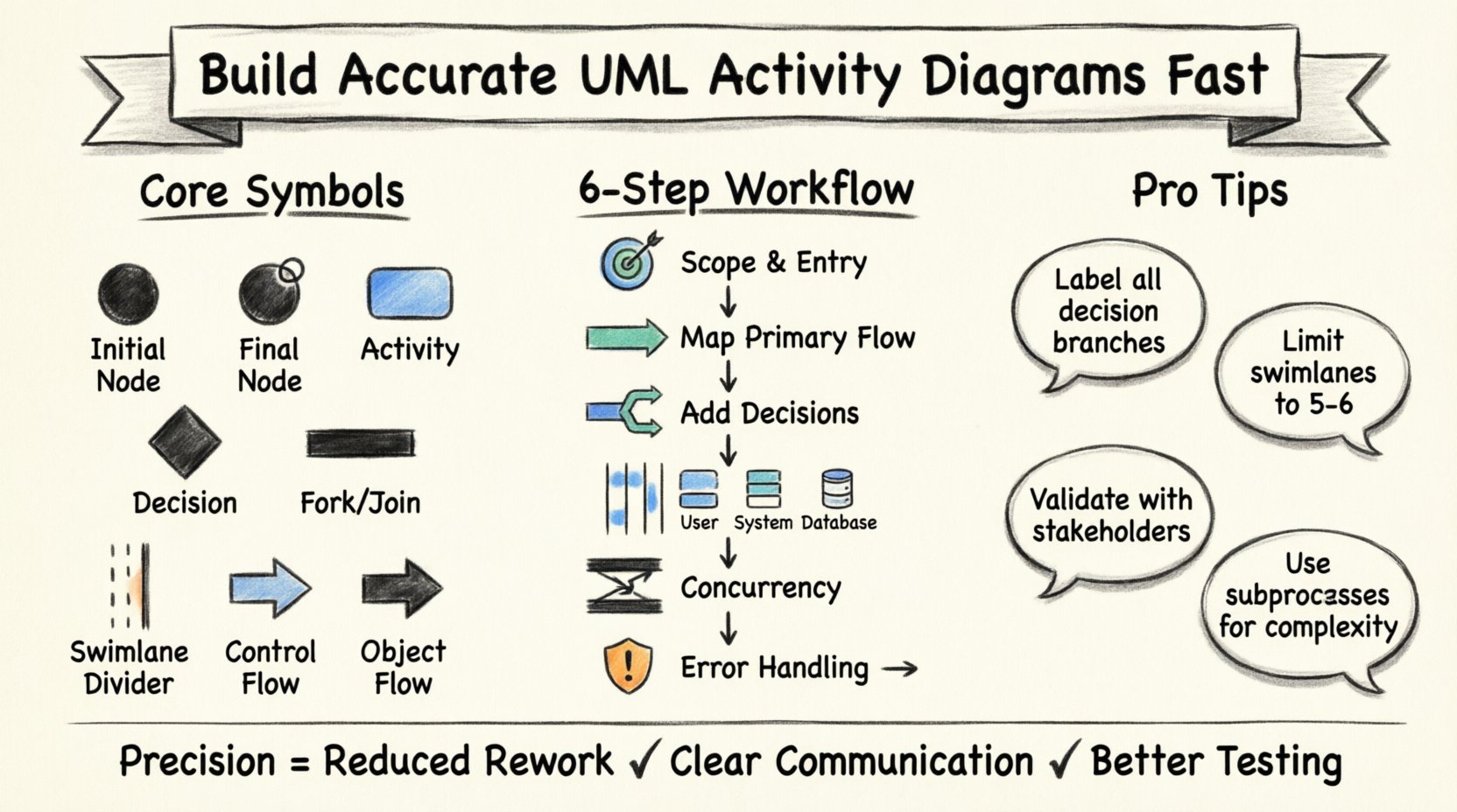Hand-drawn infographic guide to building accurate UML Activity Diagrams: features core symbols reference (initial/final nodes, activity states, decision diamonds, fork/join bars, swimlanes, control and object flow arrows), a visual 6-step construction workflow (define scope, map primary path, add decisions, organize swimlanes, handle concurrency, implement error handling), and pro tips for precision modeling including stakeholder validation and avoiding common pitfalls, all illustrated with thick outline strokes in a clean 16:9 layout for systems design teams
