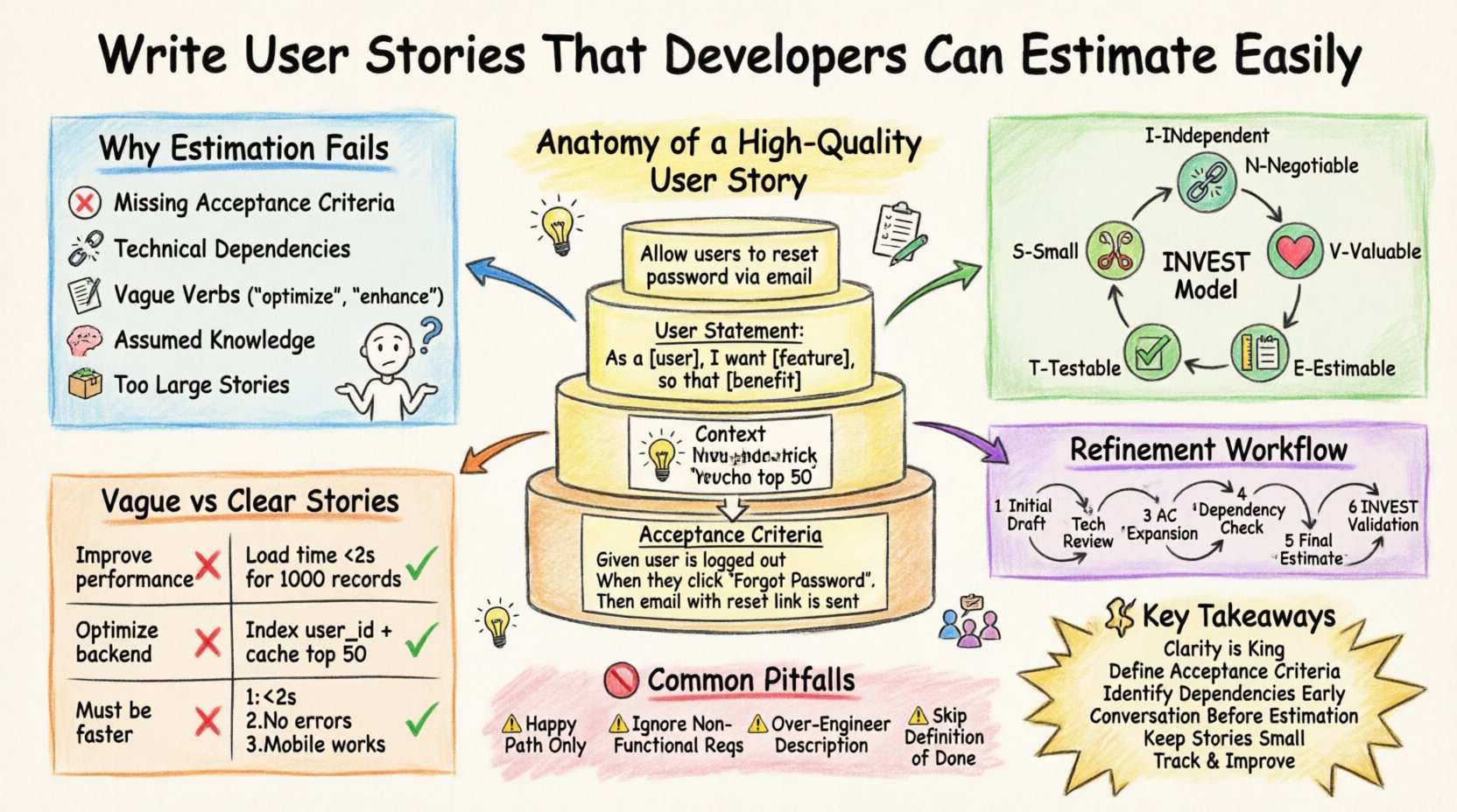 Hand-drawn whiteboard infographic illustrating how to write estimable user stories for software development, featuring the INVEST model framework, anatomy of high-quality stories, vague vs clear story comparisons, refinement workflow, common pitfalls to avoid, and key takeaways for agile teams using Scrum methodology