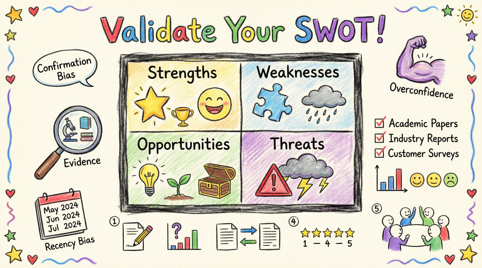 Child-style crayon drawing infographic showing how to validate SWOT analysis with evidence-based research: four quadrants (Strengths, Weaknesses, Opportunities, Threats) surrounded by data source icons, bias warning symbols, and a 5-step verification checklist, all in playful hand-drawn aesthetic with bright colors and simple shapes