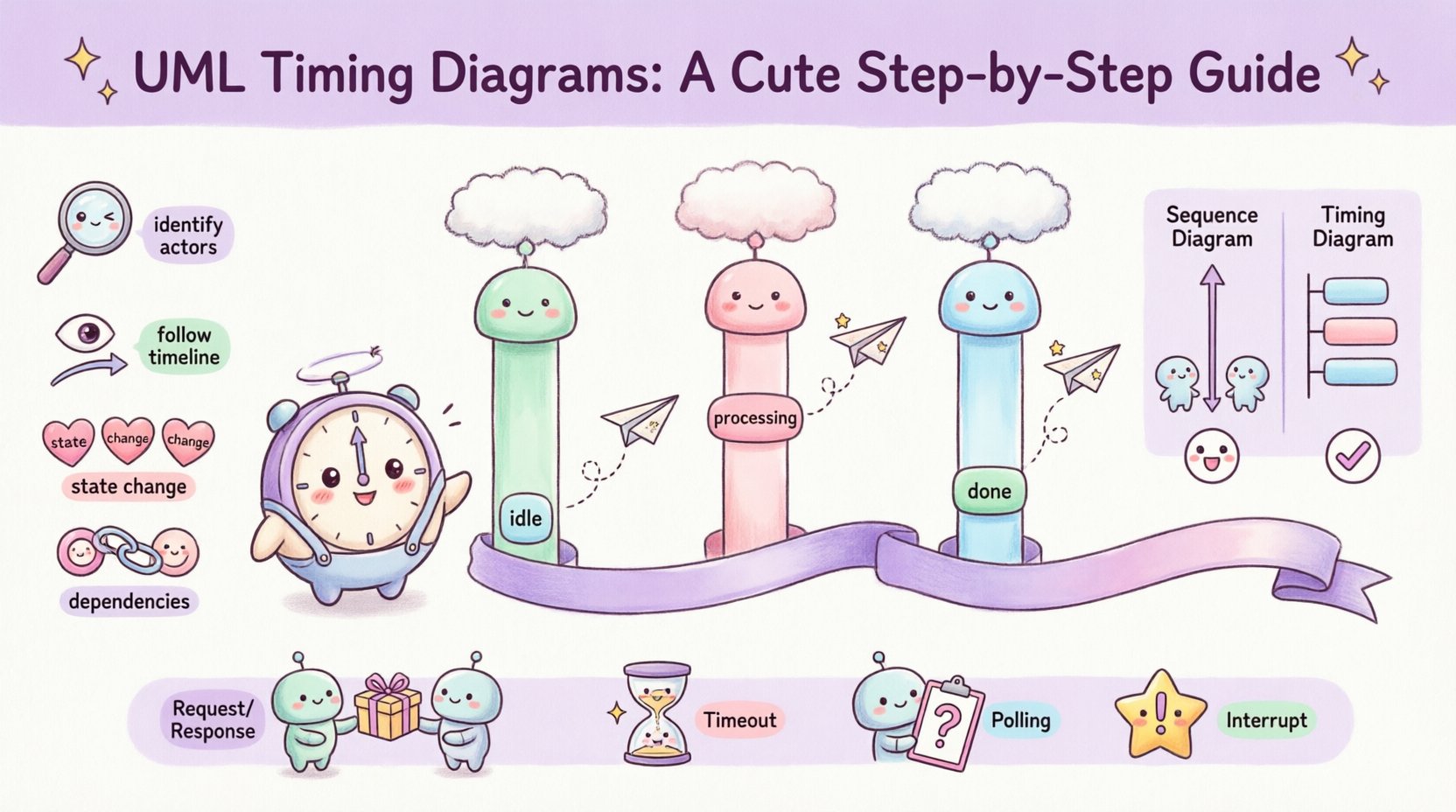 Cute kawaii-style vector infographic explaining UML Timing Diagrams tutorial with pastel colors, featuring a horizontal timeline, adorable robot lifelines showing state changes (idle, processing, done), puffy cloud activation bars, paper airplane message arrows, step-by-step guide for reading and drawing diagrams, comparison between sequence and timing diagrams, and common patterns including request-response, timeout, polling, and interrupt scenarios
