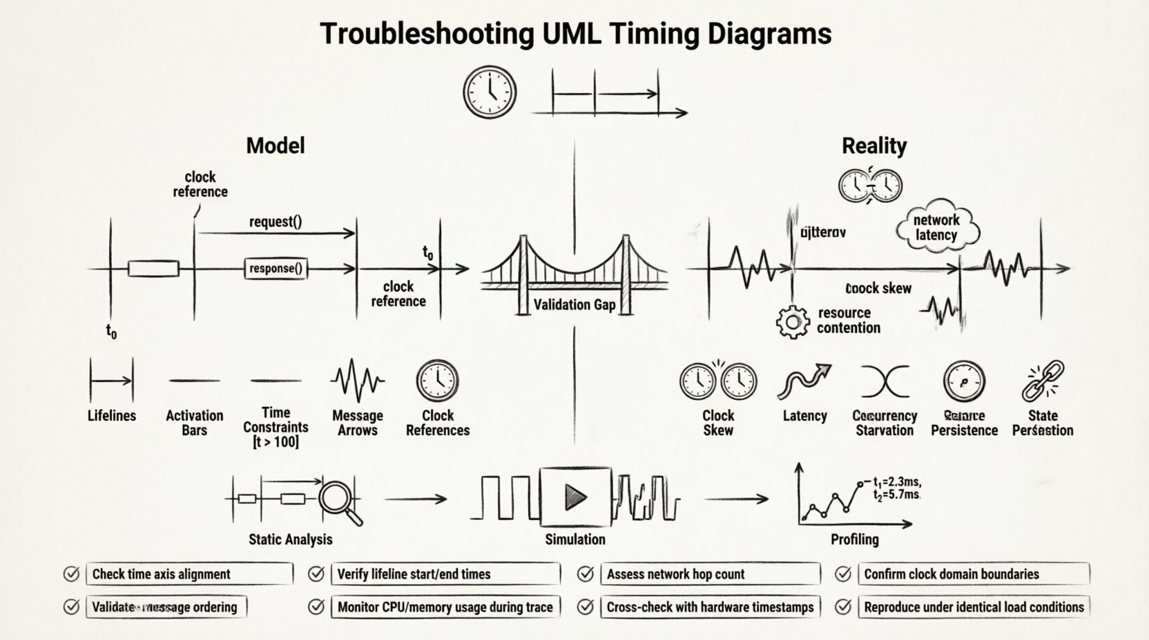 Line art infographic illustrating UML timing diagram troubleshooting: visualizes the model-vs-reality gap, core timing components (lifelines, activation bars, time constraints, messages), five common mismatch causes (clock skew, latency assumptions, concurrency, resource starvation, state persistence), three validation methodologies (static analysis, simulation, profiling), and an 8-point diagnostic checklist for aligning system behavior with design models