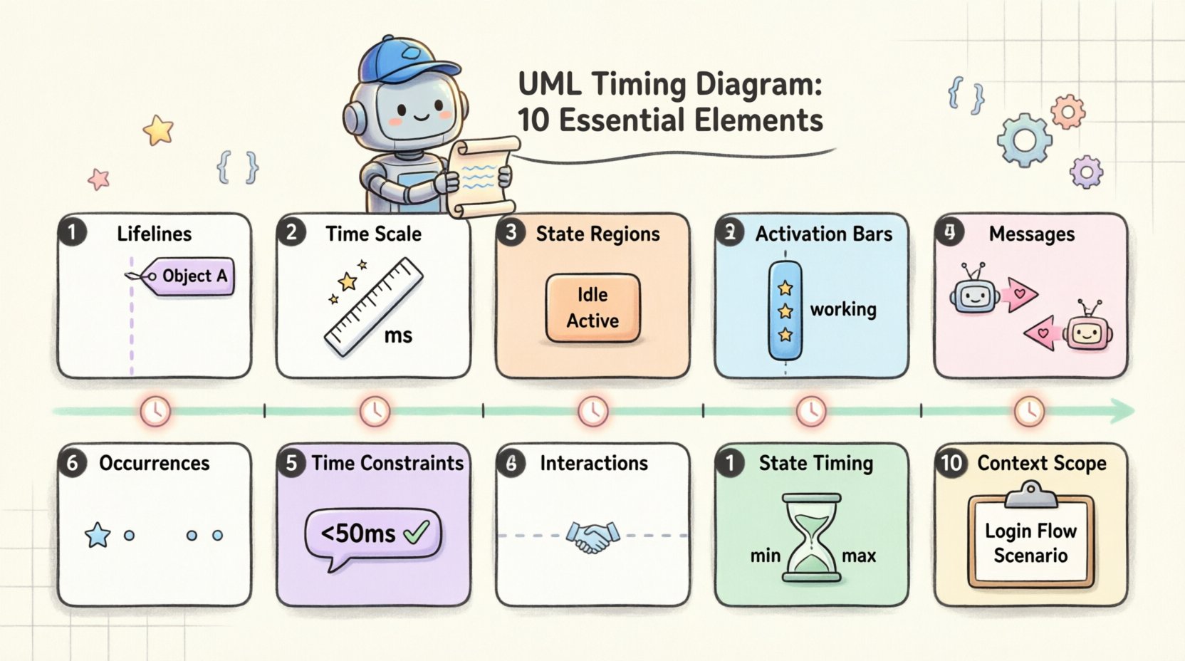 Cute kawaii-style infographic illustrating the 10 essential elements of UML Timing Diagrams for mid-level developers, featuring pastel-colored vector icons for lifelines, time scale, state regions, activation bars, messages, occurrences, time constraints, interactions, state timing constraints, and context scope, arranged along a friendly horizontal timeline with a smiling robot character, designed in simplified rounded shapes with soft mint, lavender, peach, and baby blue colors