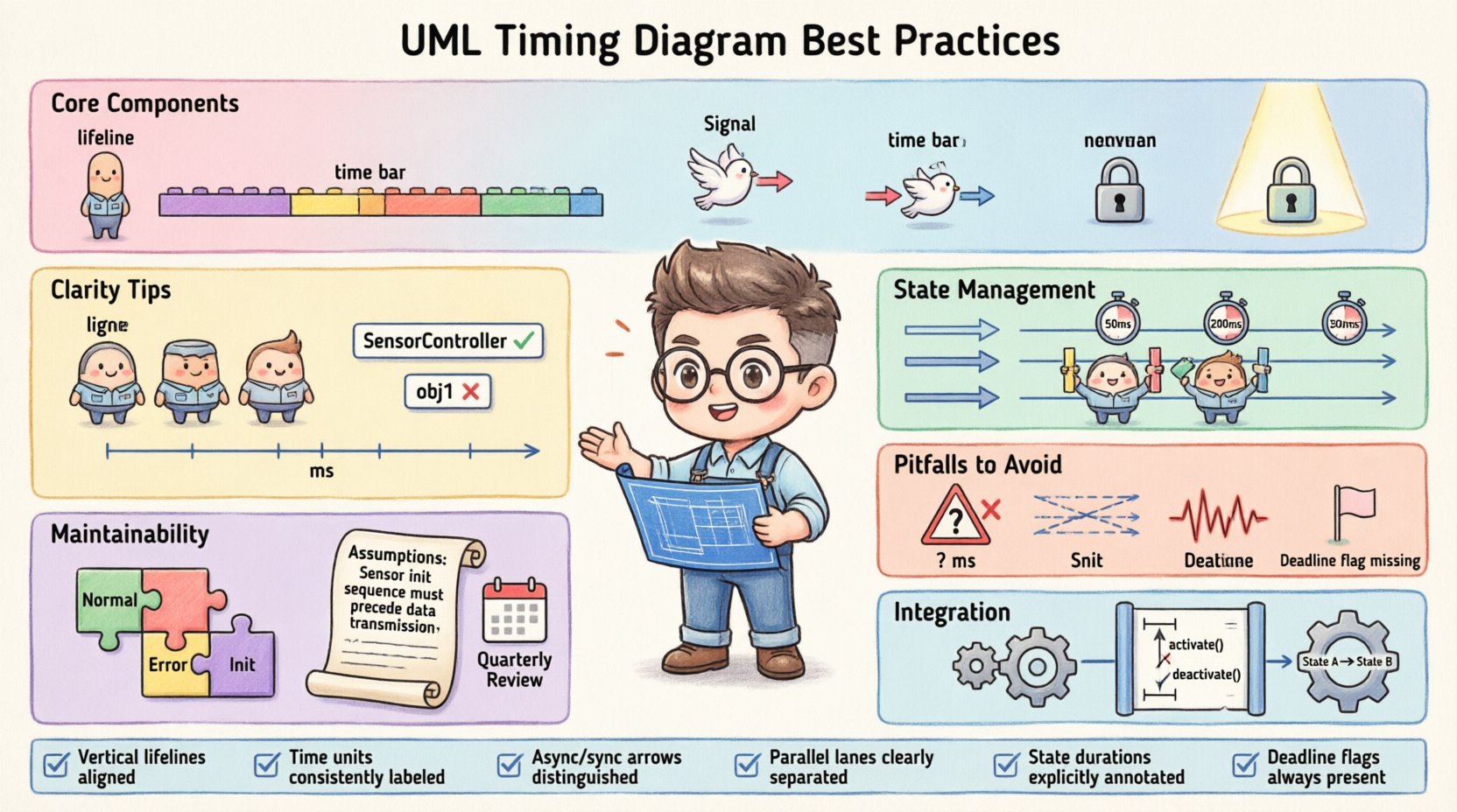 Chibi-style infographic illustrating UML Timing Diagram best practices: core components (lifelines, time bars, signals, state invariants), clarity strategies (limit lifelines, align time scales, standardize naming), state management techniques (precision invariants, async/sync signals, concurrency handling), maintainability tips (modularization, documented assumptions, regular reviews), common pitfalls to avoid, and integration with sequence and state machine diagrams. Features cute chibi engineer character guiding viewers through color-coded sections with visual icons, checklists, and English labels on a clean 16:9 layout.