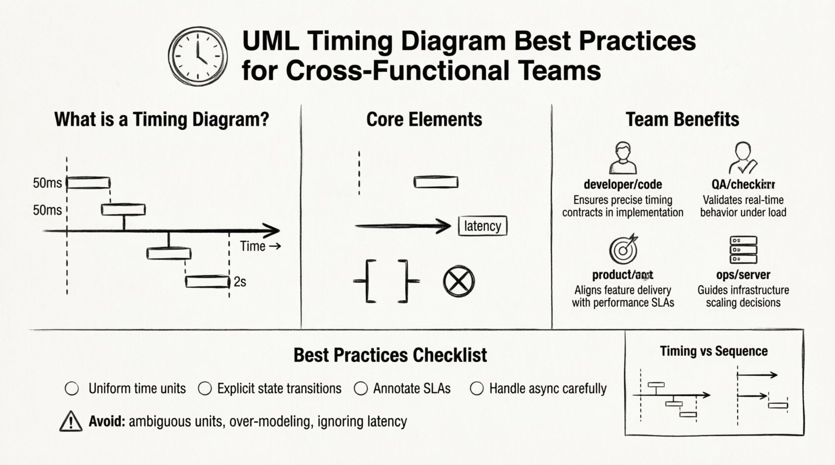 Line art infographic illustrating best practices for documenting timing dependencies in UML Timing Diagrams for cross-functional teams, featuring core elements like lifelines, state occupation bars, message latency annotations, team role benefits for developers QA product managers and operations, a checklist of five key practices including uniform time units and explicit state transitions, a visual comparison between Timing and Sequence diagrams, and common pitfalls to avoid, all presented in clean minimalist black-and-white line art style on 16:9 aspect ratio