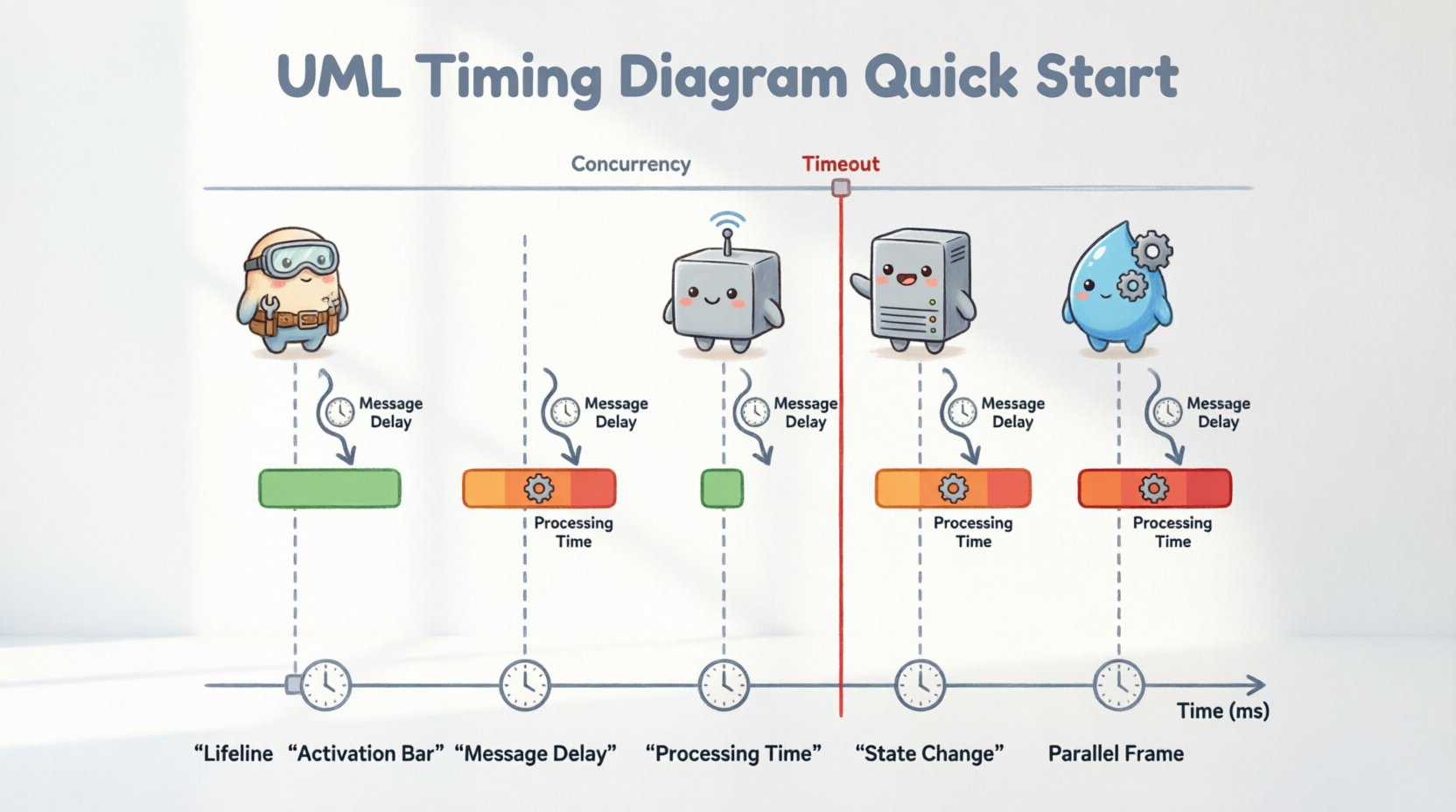 Chibi-style infographic explaining UML Timing Diagrams: cute characters on vertical lifelines, horizontal time axis with millisecond markers, colorful activation bars showing processing time, message arrows with delay indicators, timeout threshold line, and labels for key concepts including lifeline, state change, concurrency, and parallel frames for software architecture education