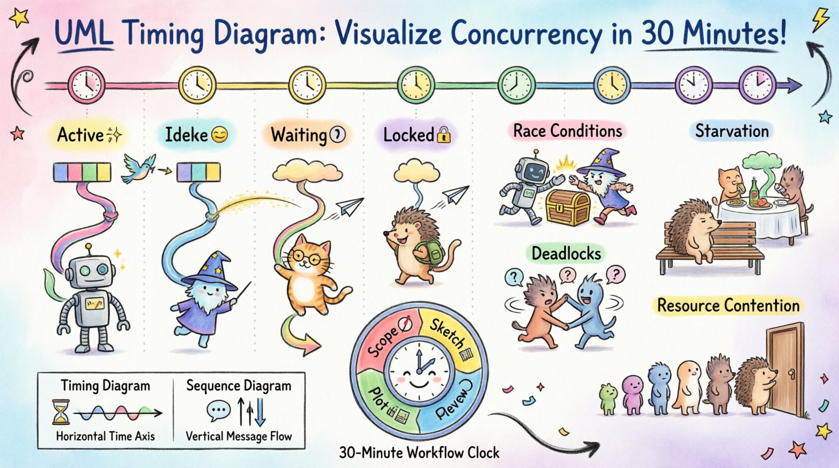 Whimsical infographic illustrating UML Timing Diagrams for visualizing concurrency issues in system design, featuring colorful lifelines, activation bars, state transitions, timing constraints, and common patterns like race conditions, deadlocks, starvation, and resource contention, with a playful 30-minute workflow guide for developers and architects