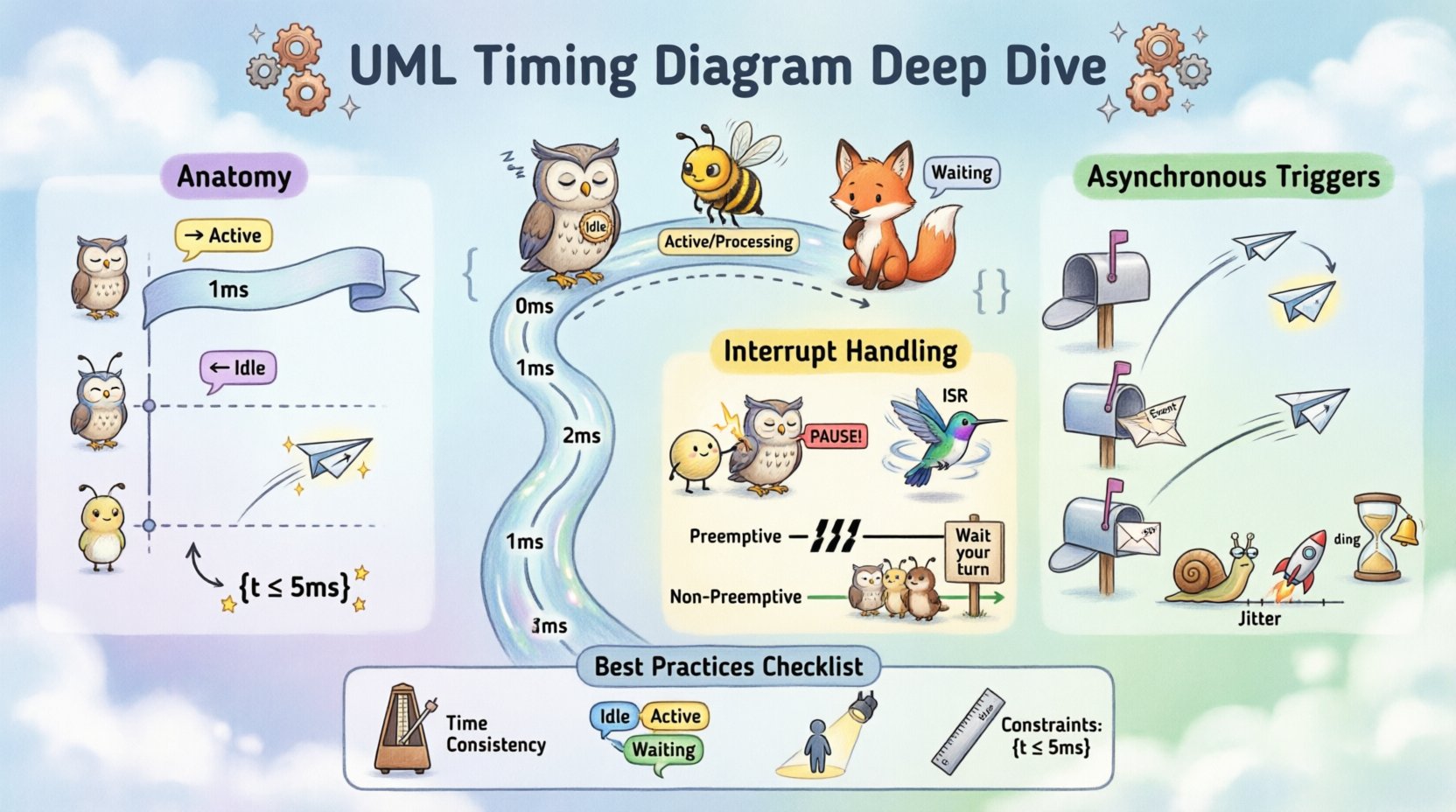 Whimsical infographic explaining UML Timing Diagrams for real-time systems: illustrates interrupt handling with hardware/software triggers, asynchronous event flows, preemptive vs non-preemptive scheduling, latency modeling, and best practices using playful characters, pastel colors, and visual metaphors for lifelines, state changes, and timing constraints