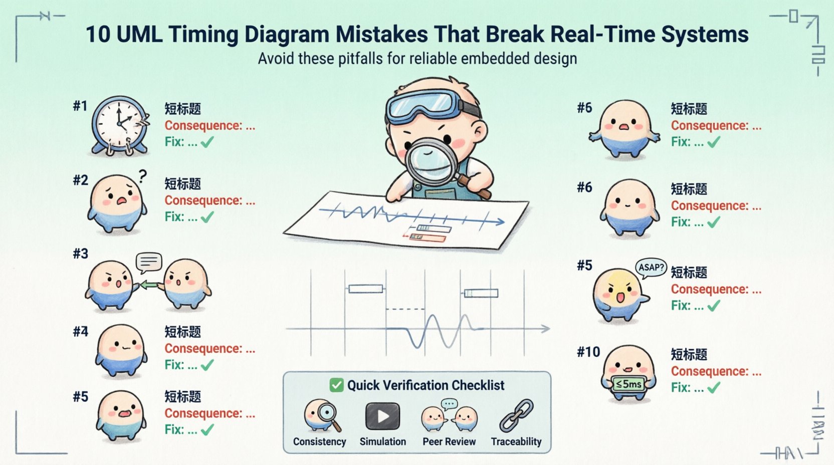 Infographic illustrating 10 common UML Timing Diagram mistakes in real-time system design with chibi-style characters: ambiguous time scaling, lifeline destruction, causality violations, concurrency issues, vague constraints, logic overloading, missing initial state, inconsistent naming, ignored interrupts, and undefined boundaries - plus verification best practices checklist