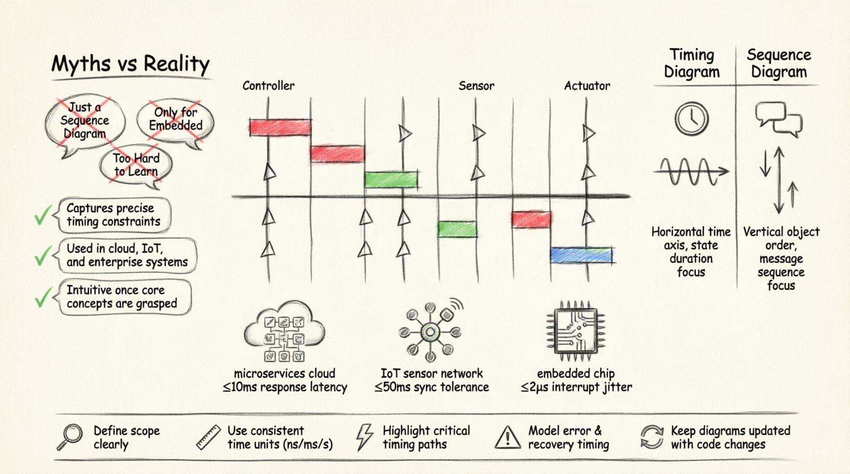 Sketch-style infographic explaining UML Timing Diagrams: visual guide showing timeline axis with lifelines, state changes, and signal events; myth-busting section contrasting common misconceptions with realities; comparison table of Timing Diagrams vs Sequence Diagrams highlighting focus on duration versus message order; modern applications in microservices, IoT, and real-time systems; best practices checklist for modeling temporal constraints in software architecture