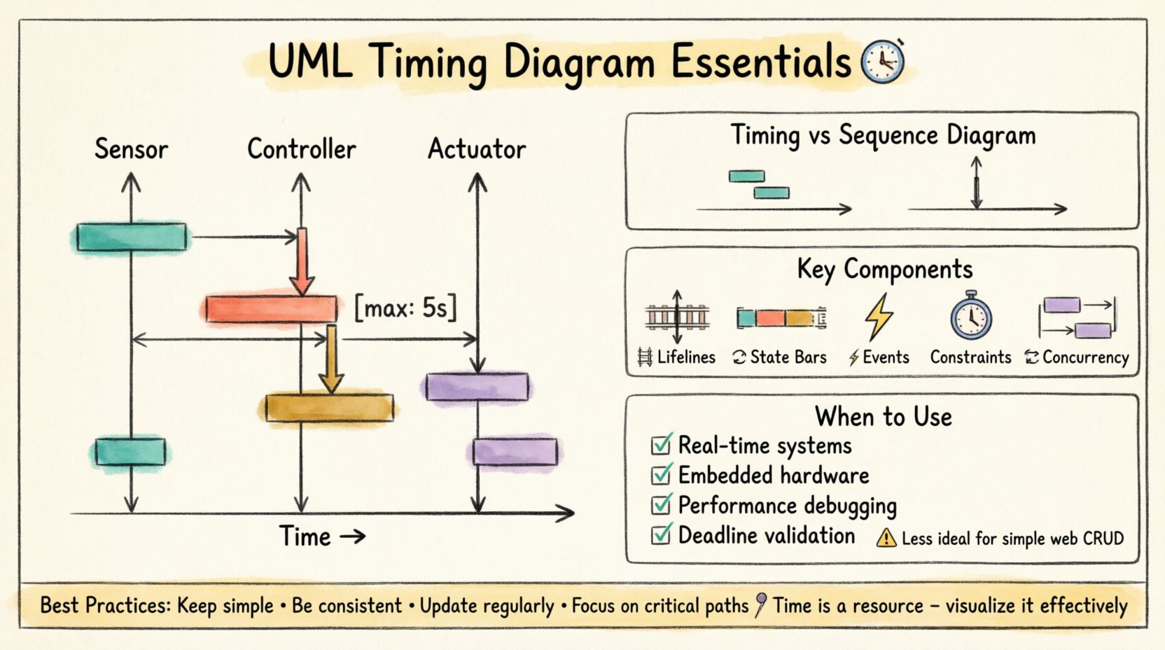 Hand-drawn infographic explaining UML Timing Diagrams with annotated example showing lifelines, state bars, horizontal time axis, events, time constraints, and concurrency patterns, plus visual comparison with sequence diagrams and best practices for modeling real-time embedded systems and performance-critical applications