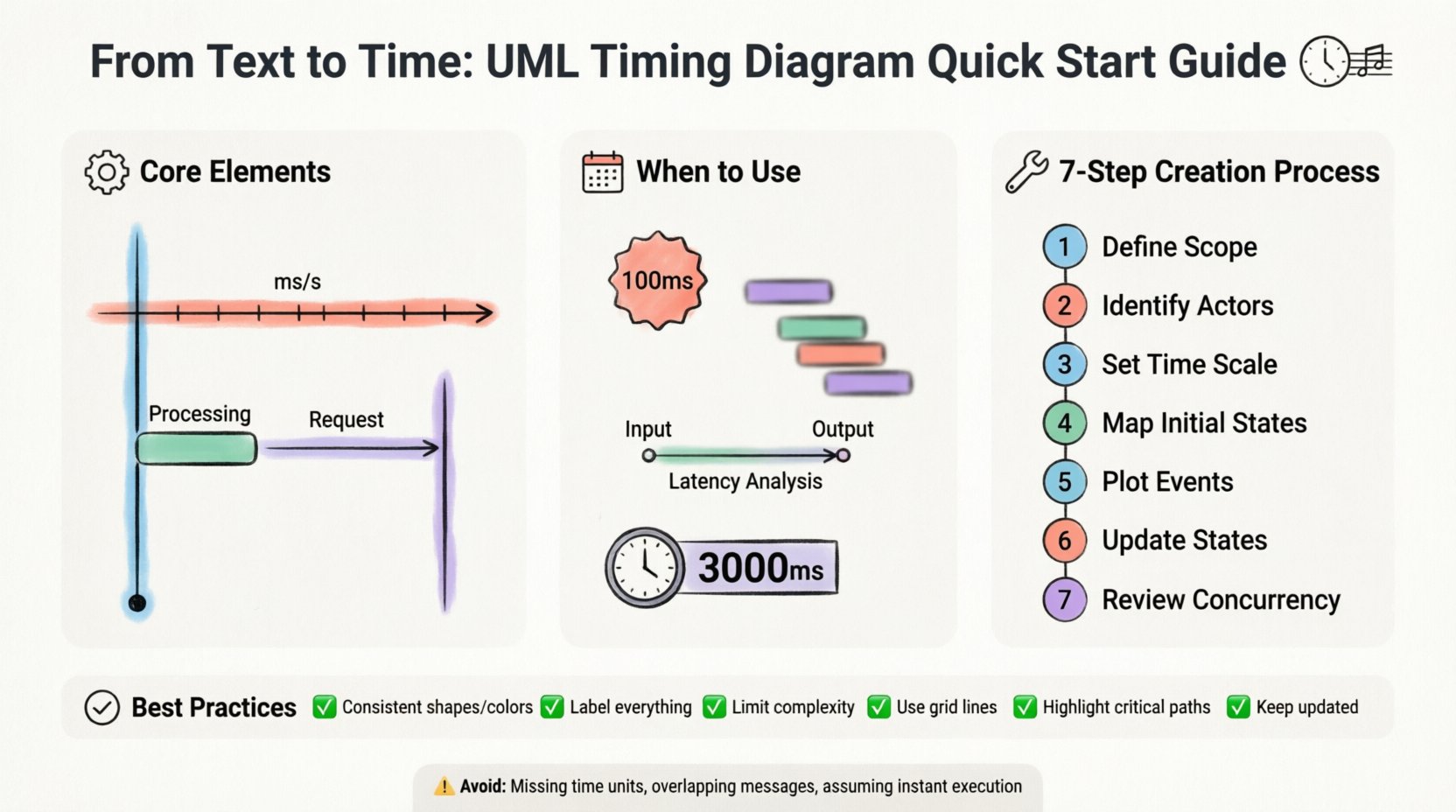 Infographic guide to UML timing diagrams showing core elements (lifelines, time axis, state bars, messages), when to use them (real-time constraints, concurrency, latency analysis), and a 7-step creation process in a clean flat design with pastel colors and rounded shapes for students and social media