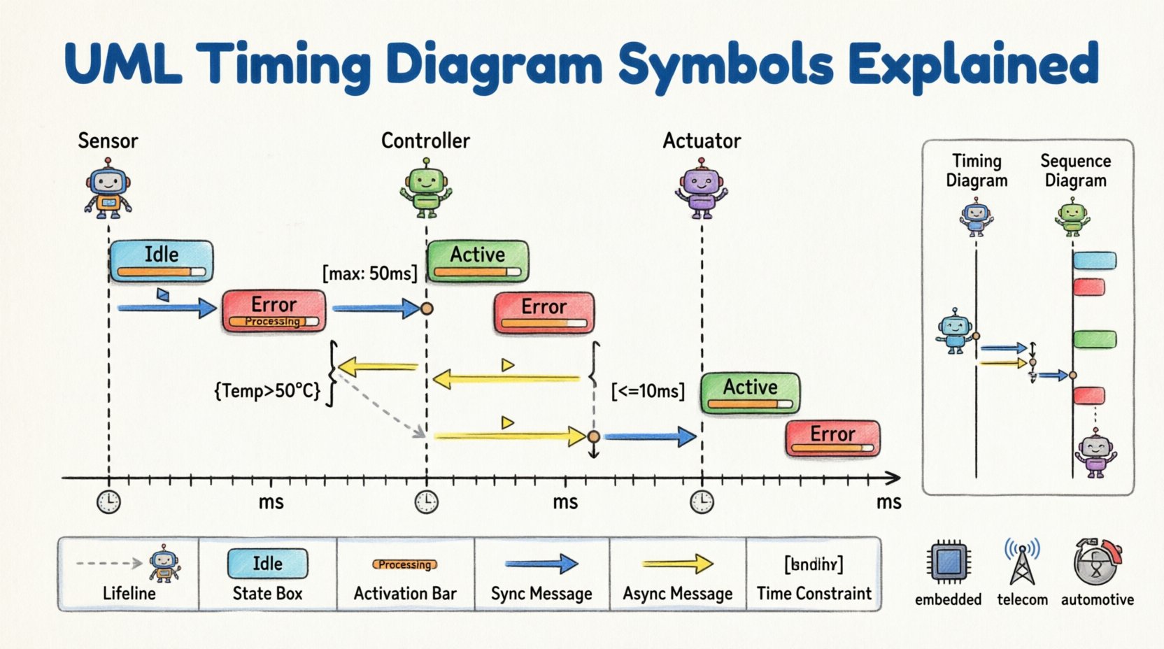 Cartoon infographic explaining UML timing diagram symbols including lifelines, state boxes, activation bars, synchronous and asynchronous messages, time constraints, and event markers arranged on a horizontal time axis with visual examples for embedded systems, telecommunications, and automotive applications