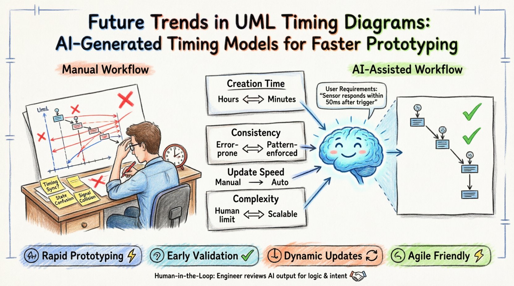 Marker-style infographic comparing manual vs AI-assisted UML Timing Diagram workflows: shows time axis, lifelines, state bars, and signal events; highlights AI benefits including faster prototyping, automated validation, rapid iteration, and scalability; features NLP requirement parsing, pattern recognition, cross-model consistency checks, and human-in-the-loop review process for software architecture teams