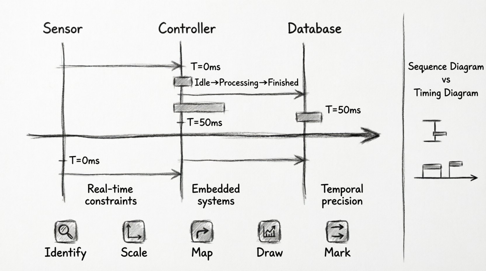 Charcoal contour sketch infographic explaining UML Timing Diagrams for beginners: features horizontal time axis with left-to-right flow, vertical lifelines for Sensor/Controller/Database with activation bars showing processing duration, state change markers (Idle→Processing→Finished), timestamped message arrows (T=0ms, T=50ms); includes comparison panel of Sequence vs Timing Diagrams, 5-step creation process icons (Identify→Scale→Map→Draw→Mark), and key callouts for real-time constraints, embedded systems, and temporal precision; educational technical illustration in hand-drawn charcoal style with English labels