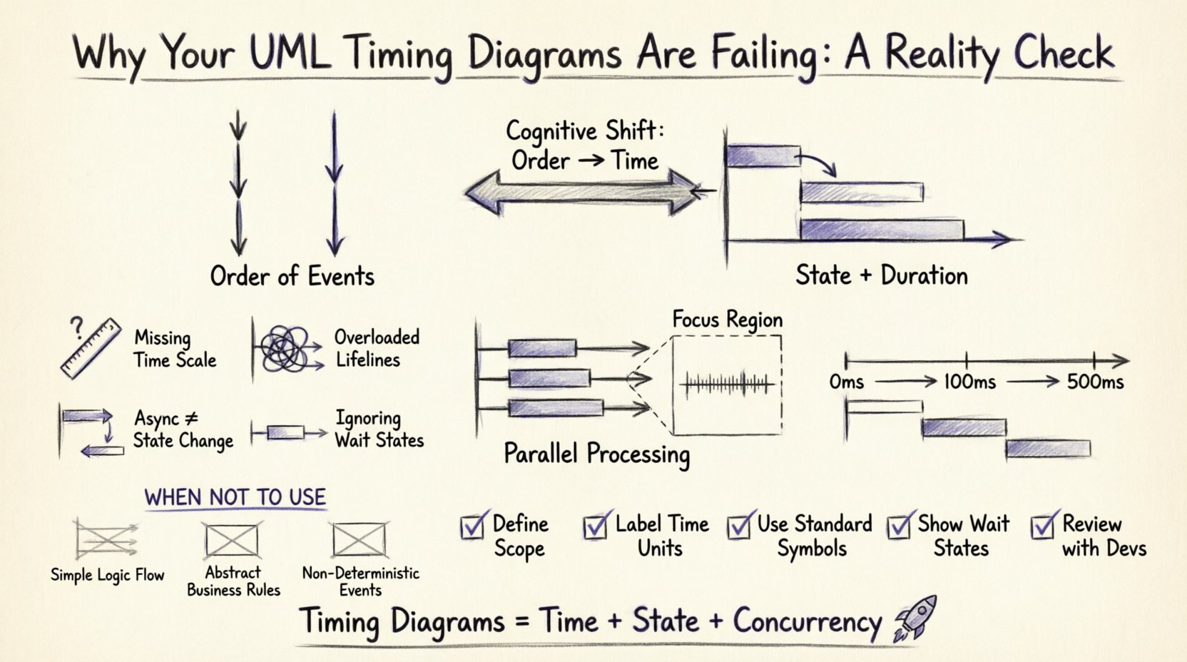 Hand-drawn sketch infographic explaining why UML timing diagrams fail for early-career engineers: visual comparison of sequence diagrams (event order) vs timing diagrams (state + duration), four common pitfalls illustrated (missing time scale, overloaded lifelines, async message confusion, ignored wait states), parallel concurrency visualization with focus region zoom, proportional time axis with millisecond labels, five best practices checklist, and three scenarios when not to use timing diagrams, all in professional pencil-and-ink sketch style with 16:9 aspect ratio