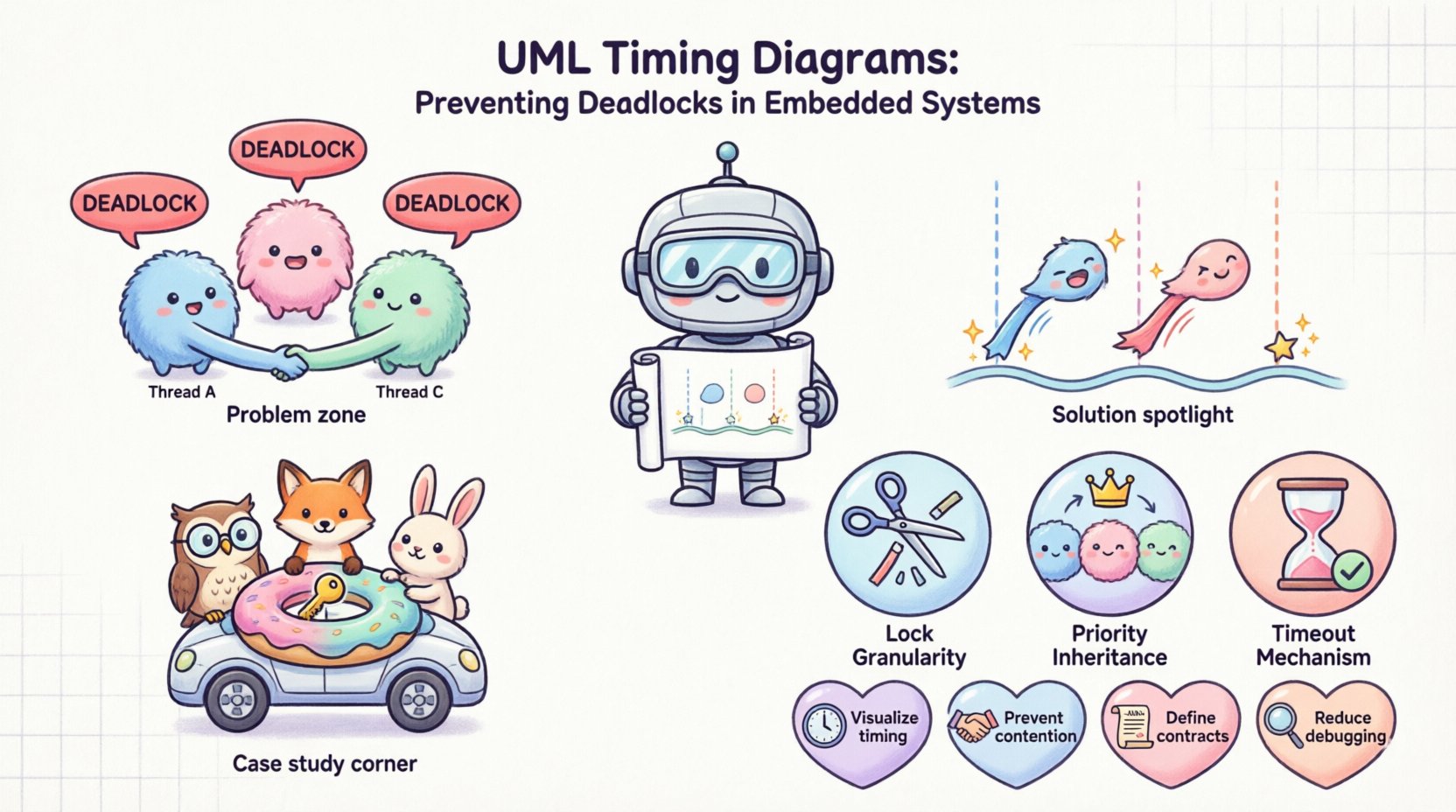 Kawaii cute vector infographic explaining how UML Timing Diagrams prevent deadlock issues in embedded systems, featuring pastel-colored thread characters, simplified timeline visualization, autonomous sensor fusion case study with LiDAR/Radar/Camera icons, and three solution strategies: lock granularity reduction, priority inheritance protocol, and timeout mechanisms, designed with rounded shapes and soft colors for intuitive technical communication