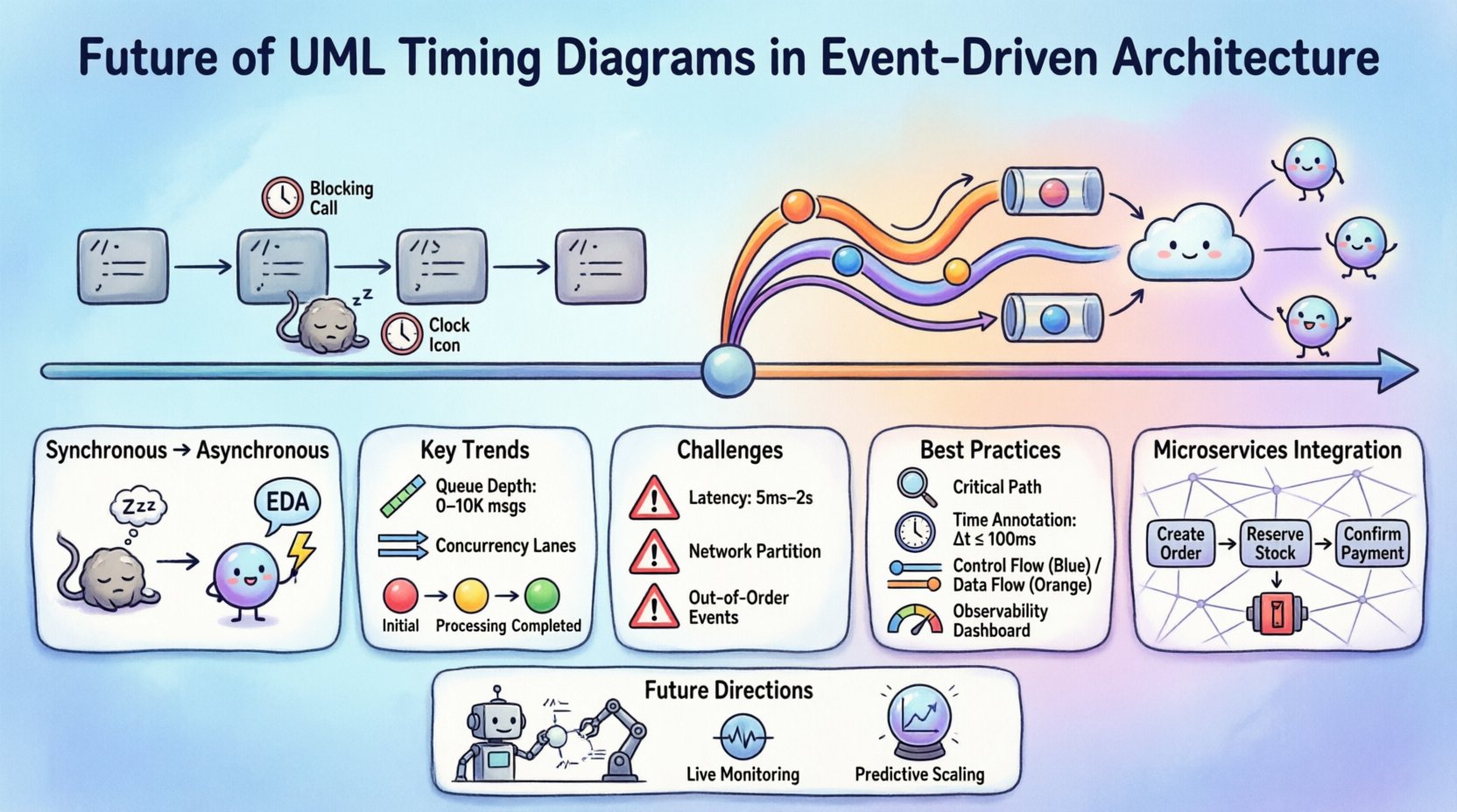 Cartoon infographic illustrating how UML Timing Diagrams evolve with Event-Driven Architecture trends, showing the shift from synchronous to asynchronous modeling, message queues, concurrent event processing, state machine transitions, microservices integration patterns, and best practices for visualizing latency and throughput in distributed systems