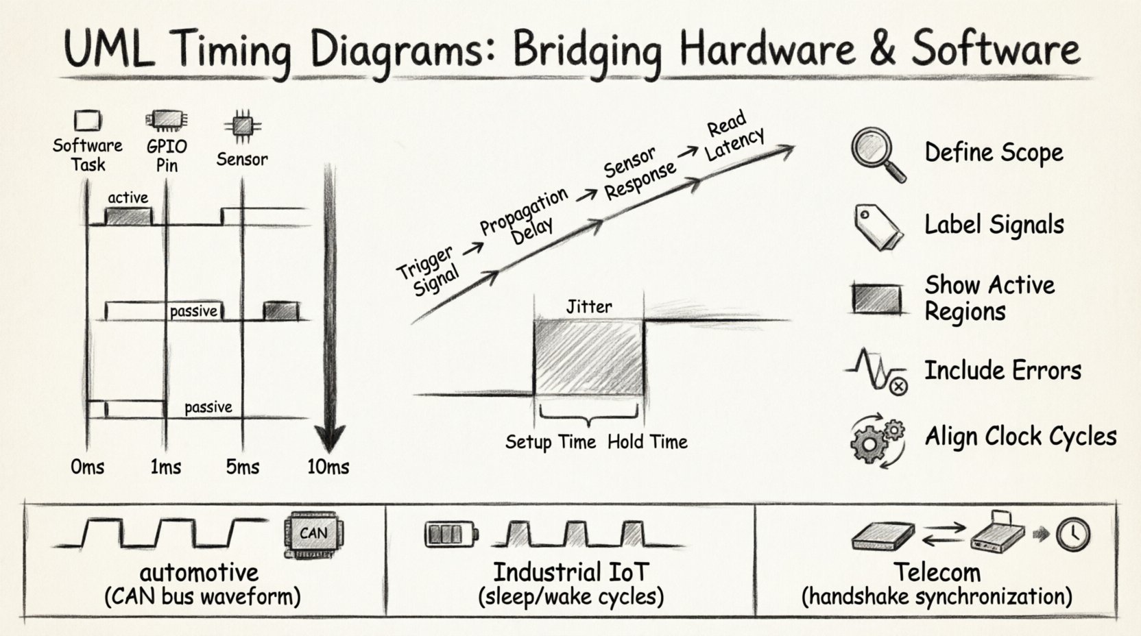 Charcoal sketch infographic illustrating UML Timing Diagrams for hardware-software interfaces, featuring labeled lifelines for software tasks and hardware signals, time axis with millisecond markers, signal state transitions (active/passive), GPIO control scenario timeline showing trigger-propagation-response-read sequence, setup and hold time constraints around clock edges, jitter uncertainty regions, best practices checklist icons, and real-world application examples for automotive CAN bus, Industrial IoT power cycles, and telecommunications synchronization - all rendered in monochrome contour sketch style with hand-drawn technical annotations