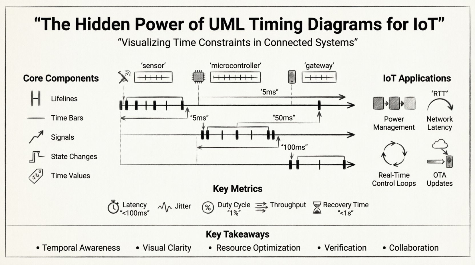 Line art infographic explaining UML Timing Diagrams for IoT systems, featuring core components (lifelines, time bars, signals, state changes), practical applications (power management duty cycling, network latency, real-time control loops, OTA updates), comparison with other UML diagrams, and key performance metrics (latency under 100ms, jitter, duty cycle optimization) in clean minimalist technical illustration style with 16:9 aspect ratio