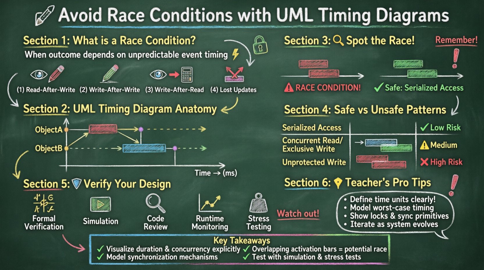 Chalkboard-style infographic teaching how to prevent race conditions using UML timing diagrams, featuring hand-drawn explanations of race condition types, timing diagram components (time axis, lifelines, activation bars), visual examples of safe vs unsafe concurrency patterns, verification strategies, and pro tips in an easy-to-understand teacher's handwritten style
