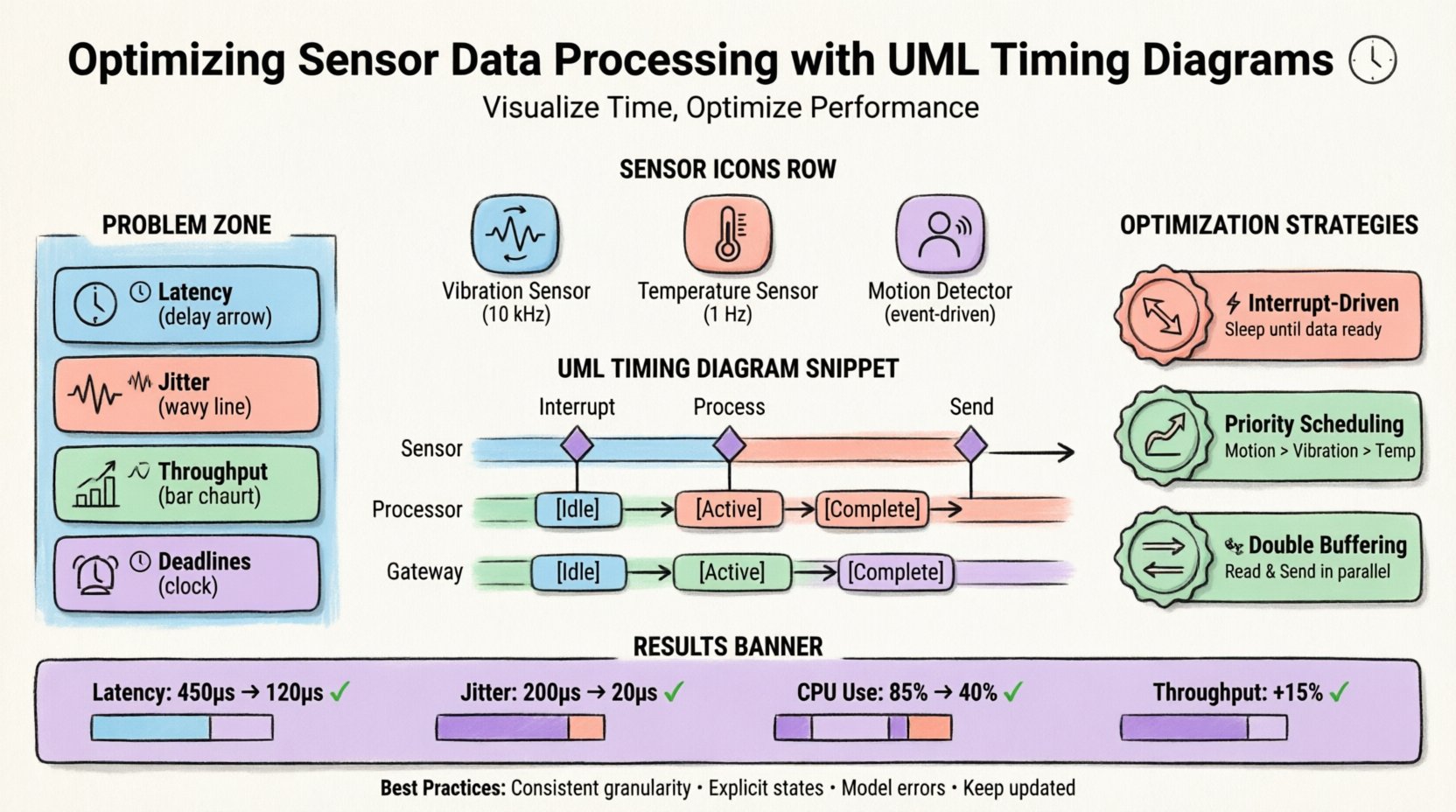 Infographic: Optimizing Sensor Data Processing with UML Timing Diagrams - Flat design visualization showing embedded system temporal metrics (latency, jitter, throughput, deadlines), three sensor types (vibration, temperature, motion), simplified UML timing diagram with lifelines and events, three optimization strategies (interrupt-driven acquisition, priority scheduling, double buffering), and performance results comparing before/after metrics. Clean pastel color scheme with black outlines, rounded shapes, and student-friendly layout for educational social media content.