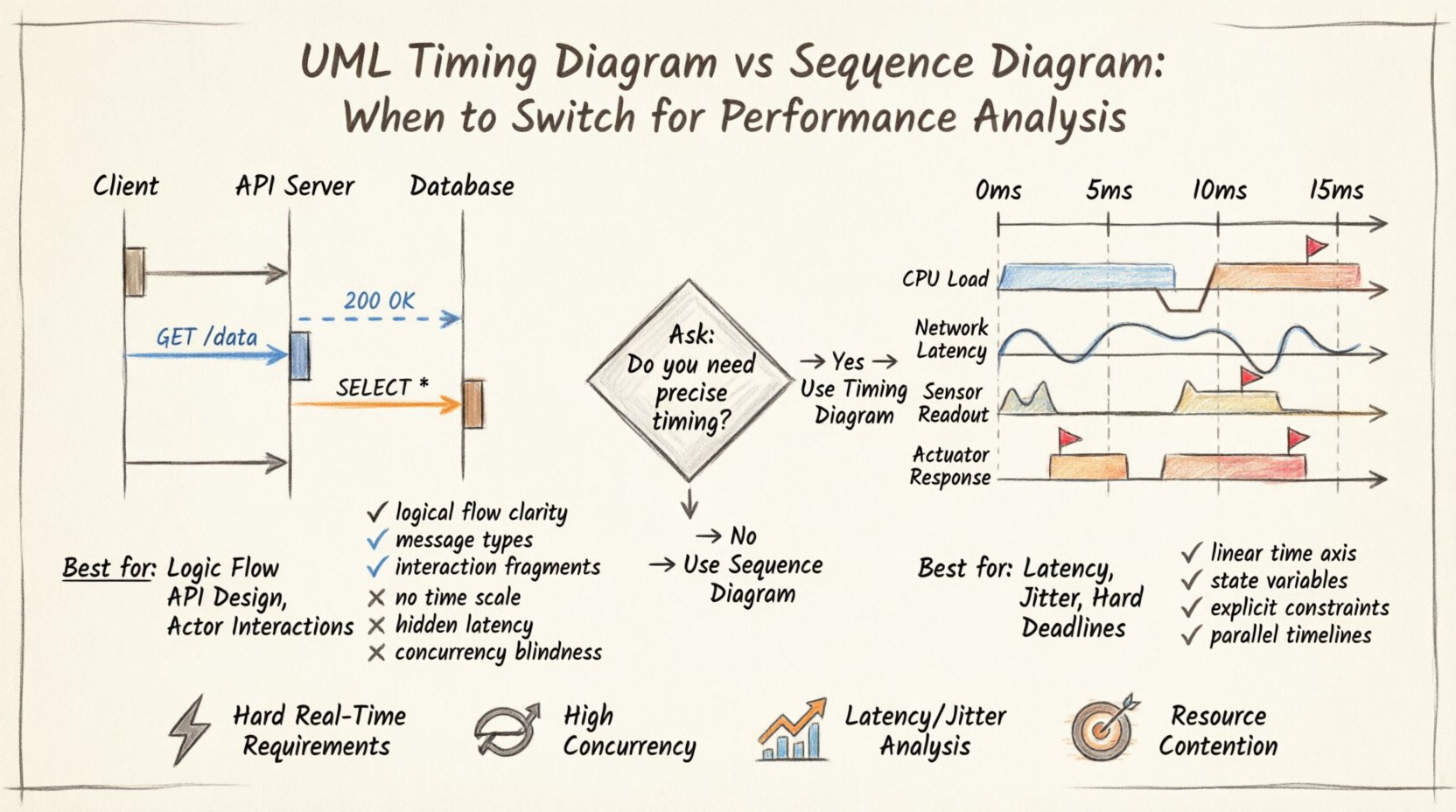 Hand-drawn infographic comparing UML Sequence Diagrams and Timing Diagrams for performance analysis, featuring side-by-side visual comparison of time representation, key strengths and limitations, decision flowchart for when to switch models, and four trigger scenarios: hard real-time requirements, high concurrency environments, latency/jitter analysis, and resource contention modeling