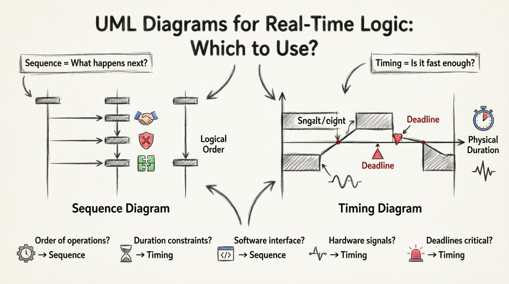 Charcoal sketch infographic comparing UML Sequence Diagram and Timing Diagram for real-time system design, illustrating key differences in time representation, focus areas, use cases, and decision factors to help engineers choose the right UML notation for protocols, deadlines, and signal constraints