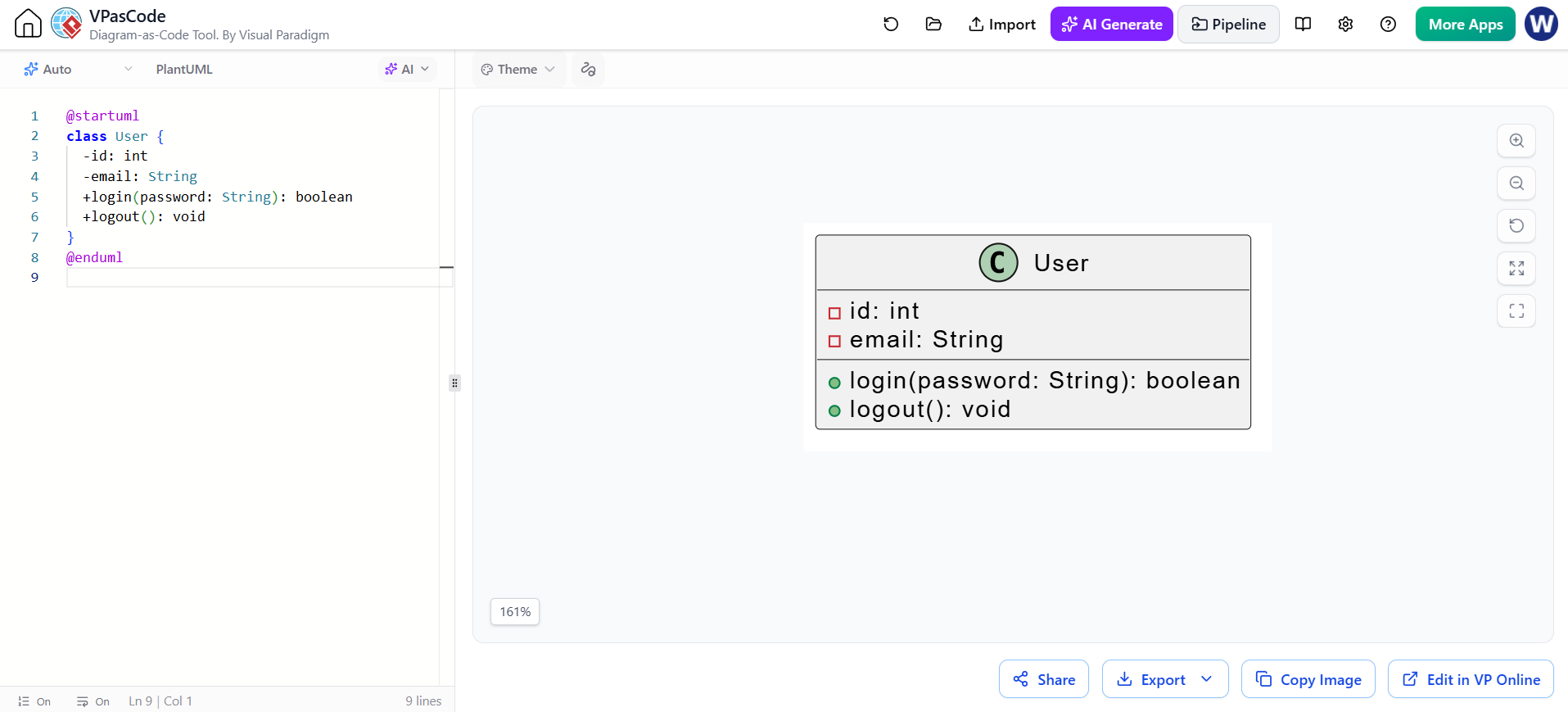 VPasCode interface displaying PlantUML code for a User class alongside its rendered diagram showing attributes and methods.