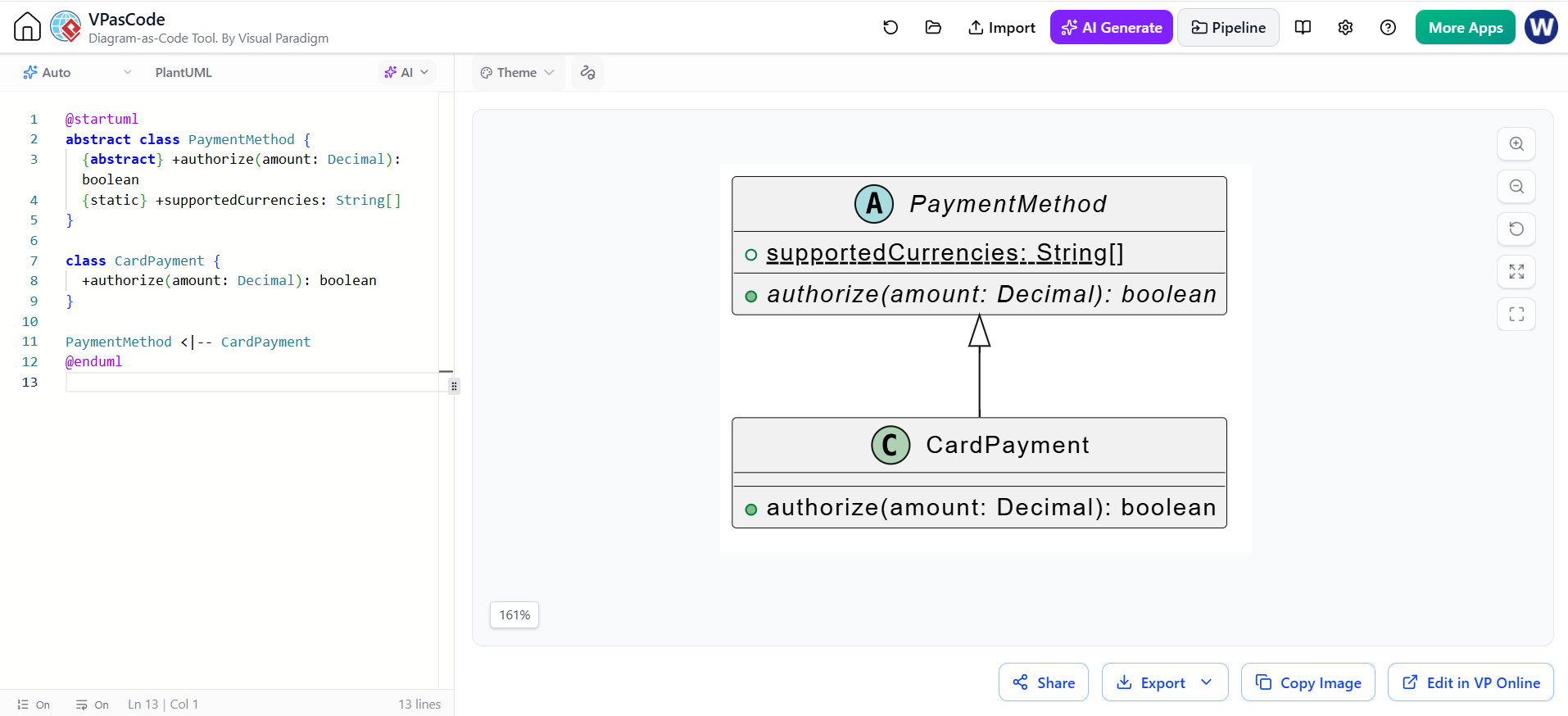 VPasCode interface displaying PlantUML code defining abstract PaymentMethod and concrete CardPayment classes with static and abstract members.