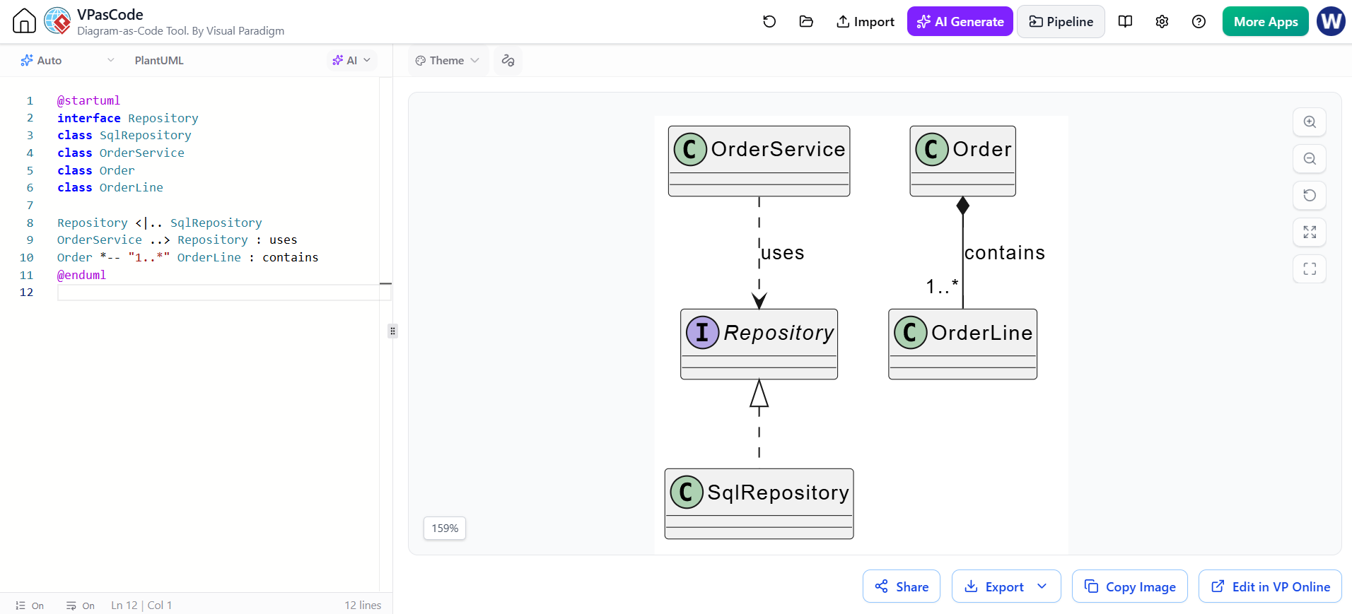VPasCode interface displaying PlantUML code and a class diagram illustrating relationship types like composition, association, and inheritance between OrderService, Order, and Repository.