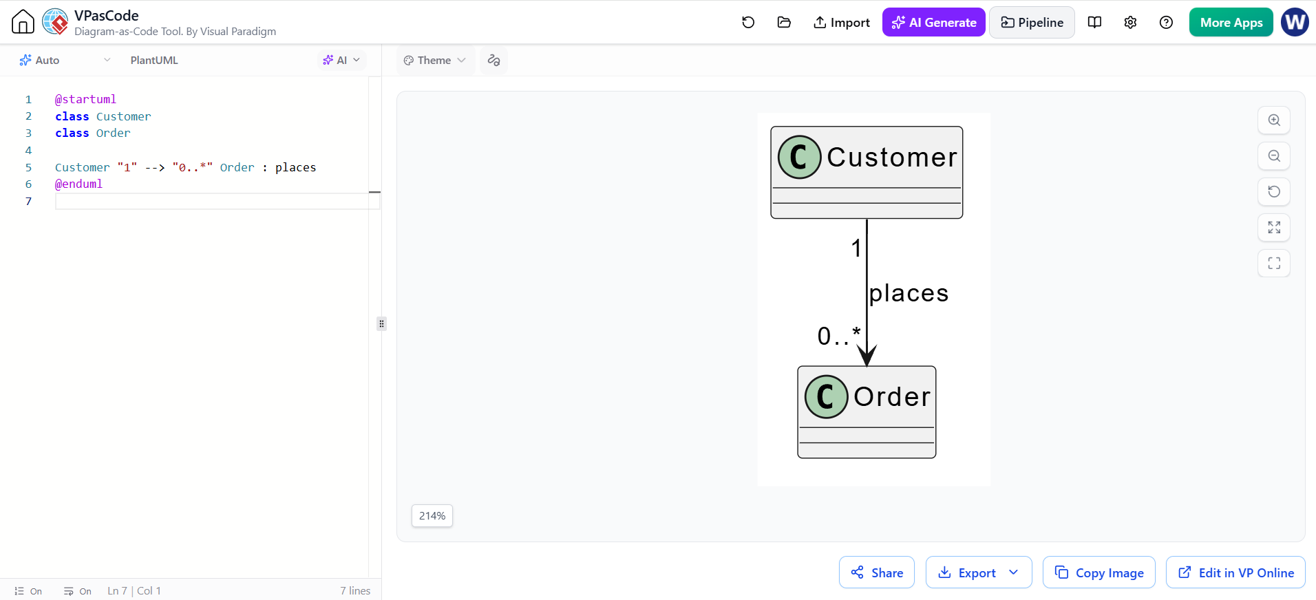 VPasCode interface displays a PlantUML class diagram showing Customer and Order classes linked by a "places" relationship with multiplicity constraints 1 and 0..*.
