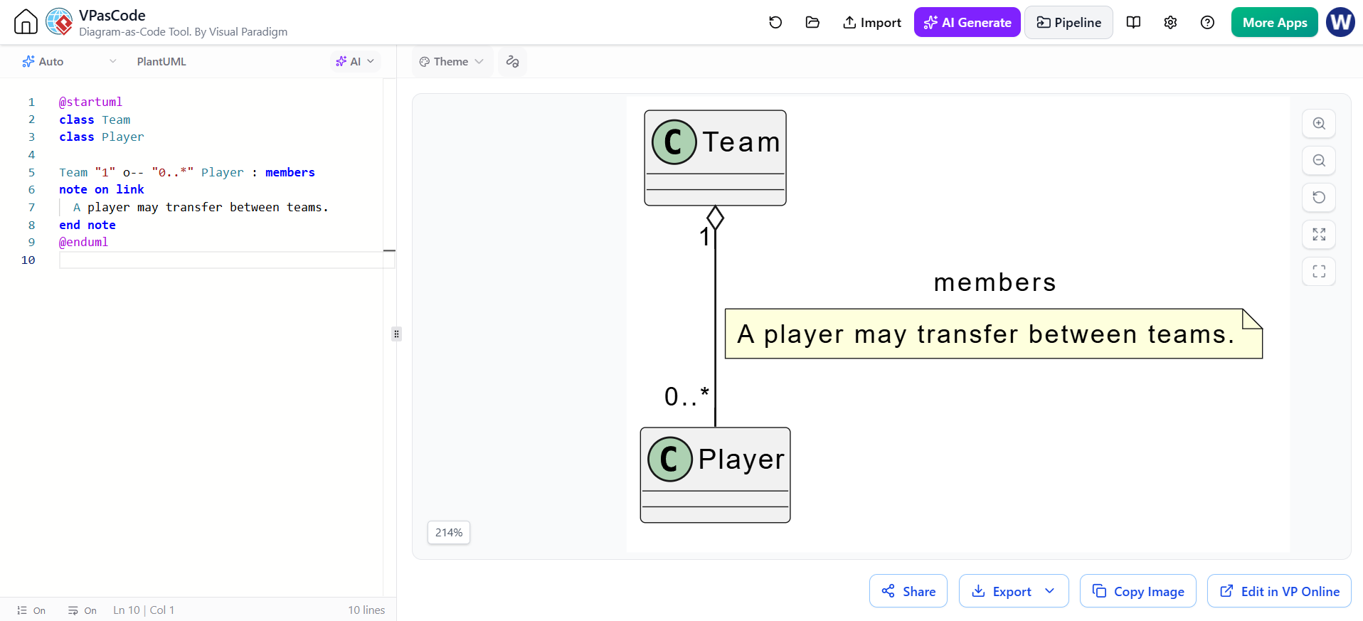VPasCode interface displaying a PlantUML class diagram showing Team and Player classes linked by a 1-to-many association with a role name and constraint note.