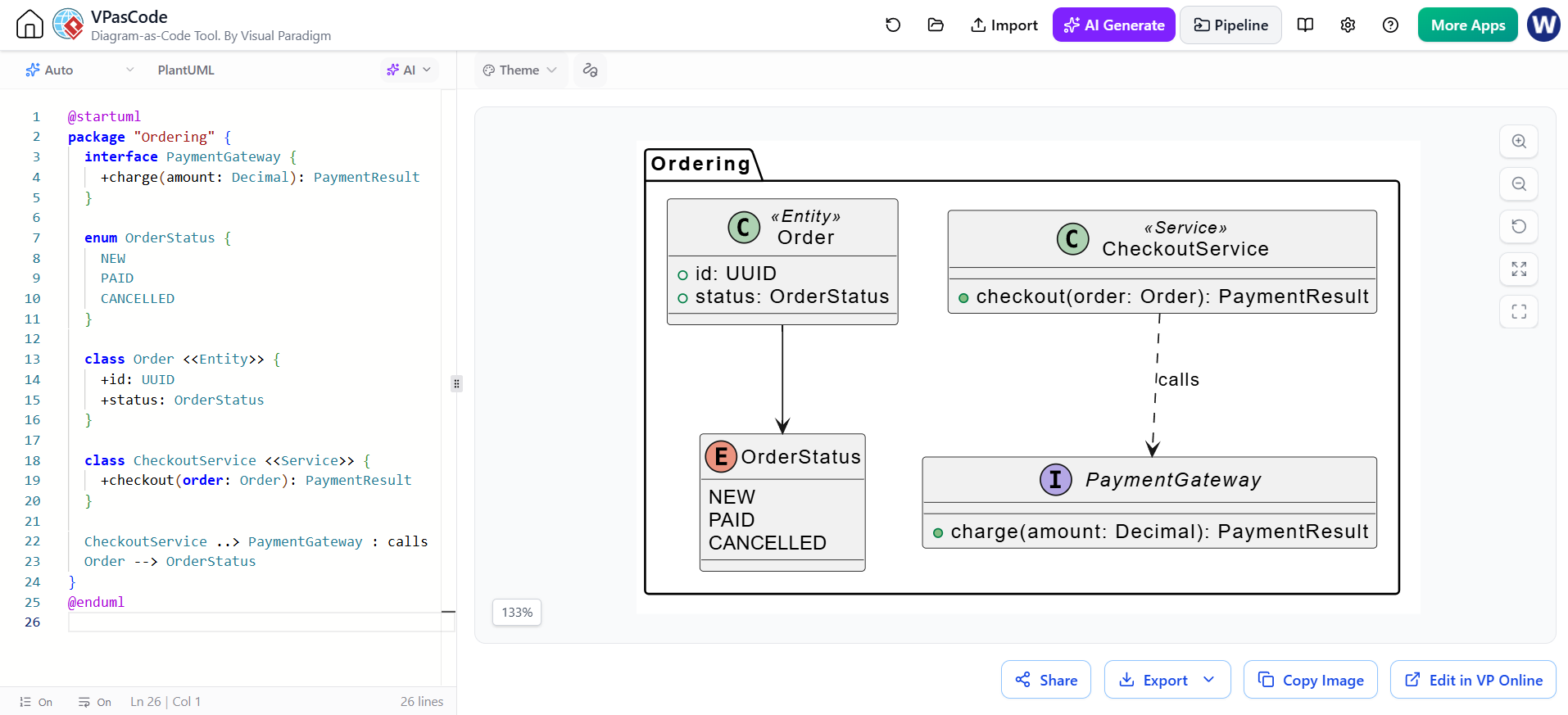 VPasCode interface displaying a PlantUML class diagram with interfaces, enums, stereotypes, and packages.