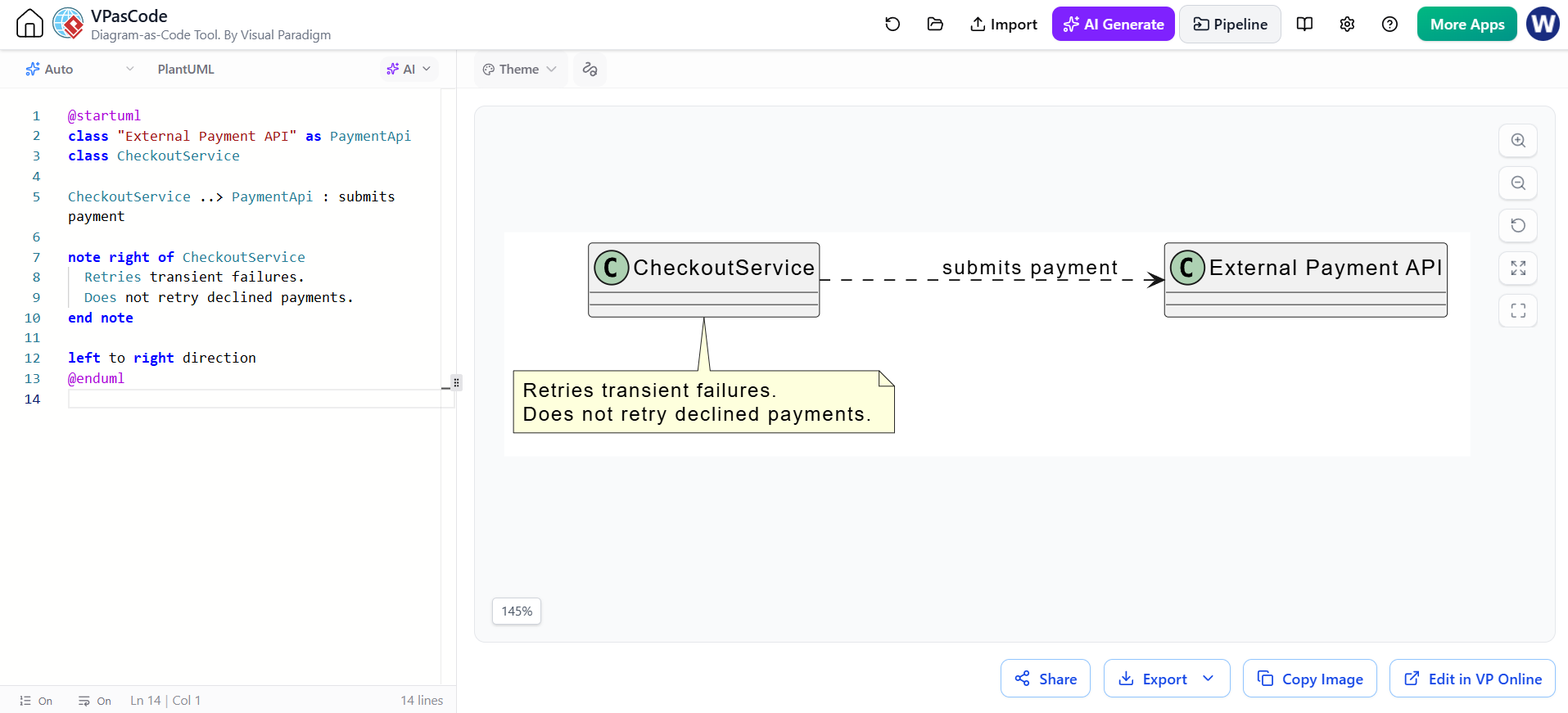 VPasCode screenshot showing PlantUML code with a note explaining design decisions and a left-to-right class diagram layout.